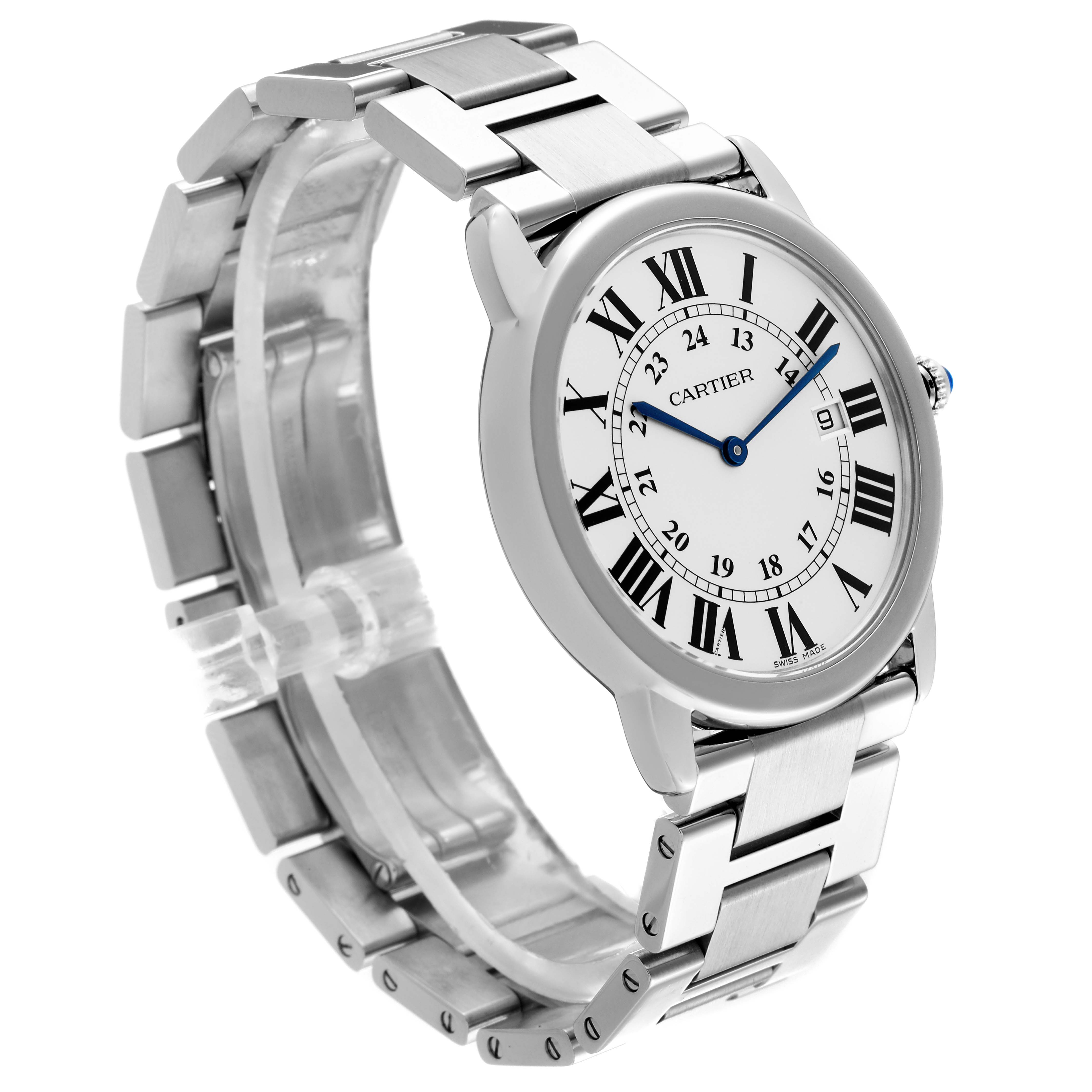 The Cartier Ronde W6701005 Men
s Stainless Steel Silver Dial W6701005 Men
s Stainless Steel Silver Dial watch is shown at an angle highlighting its face, Roman numerals, and metal bracelet.