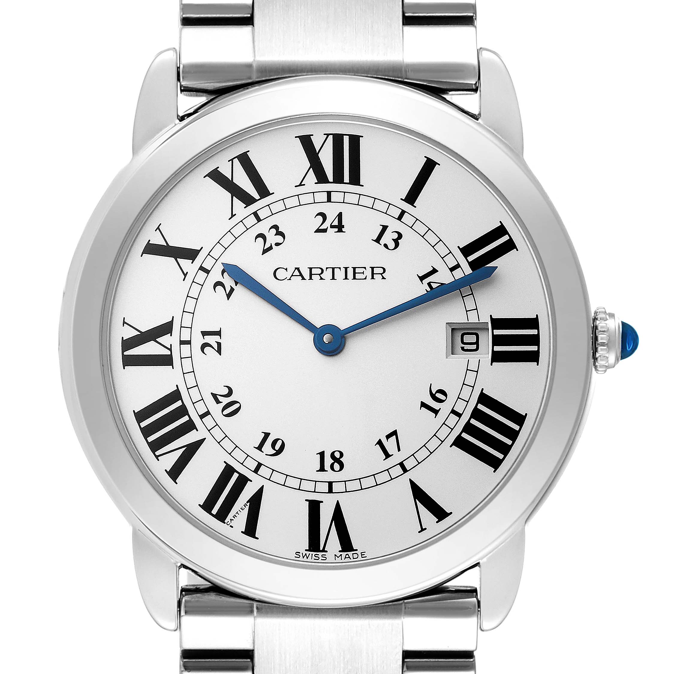 The Cartier Ronde W6701005 Men
s Stainless Steel Silver Dial W6701005 Men
s Stainless Steel Silver Dial watch is shown from a front angle, displaying the face, Roman numerals, date window, and part of the bracelet.