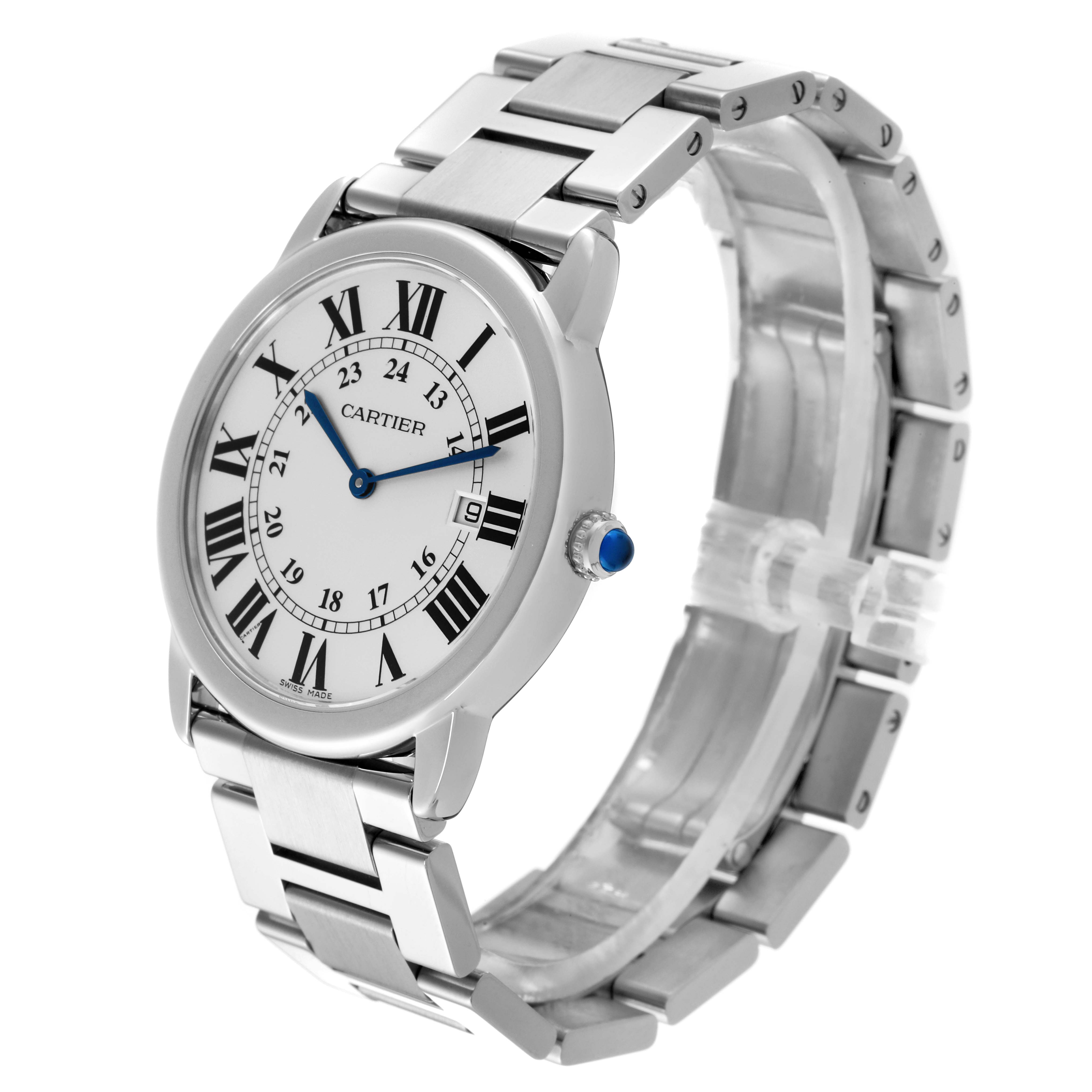 The Cartier Ronde W6701005 Men
s Stainless Steel Silver Dial W6701005 Men
s Stainless Steel Silver Dial watch is shown at a front-right angle, displaying the face, bracelet, and crown.