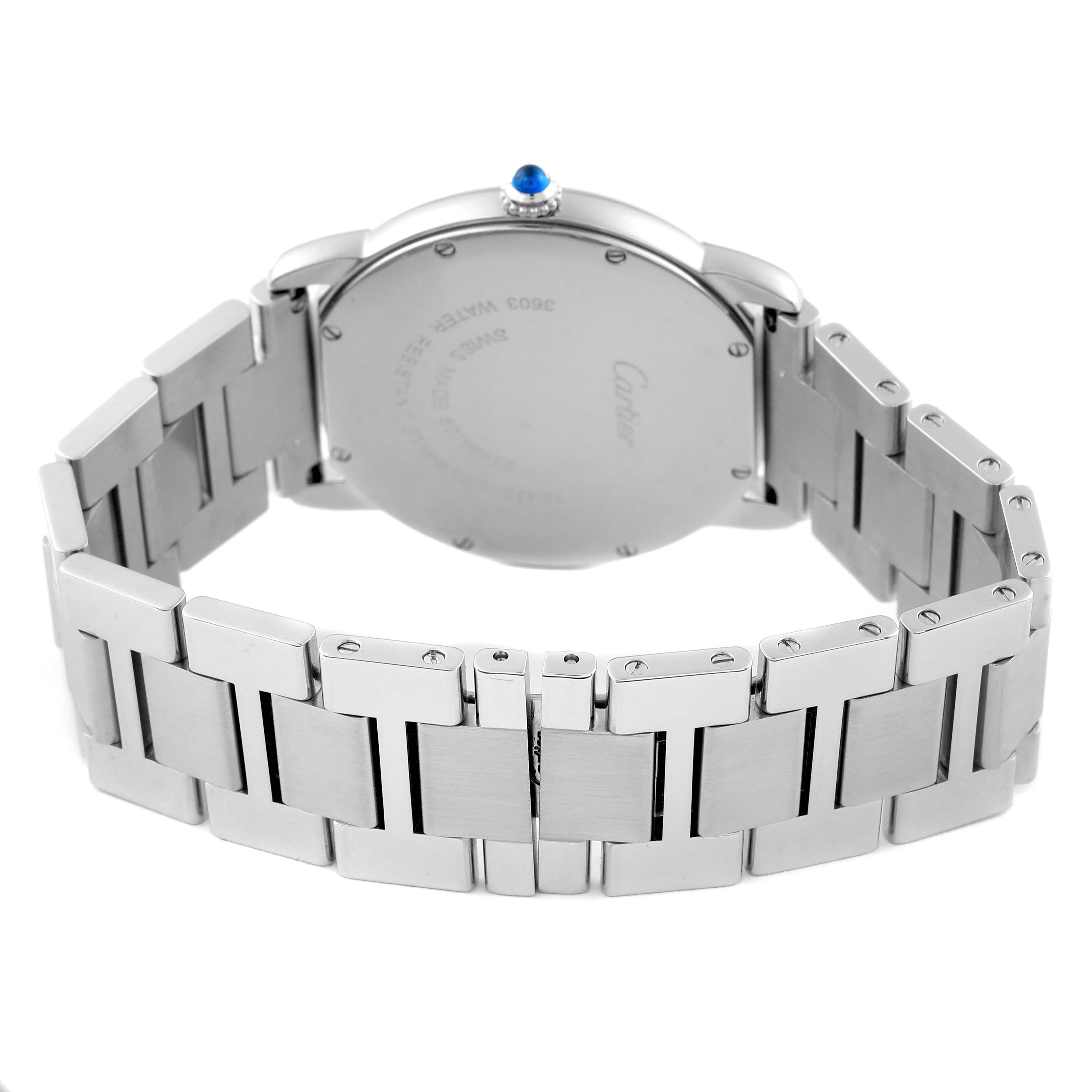 The Cartier Ronde W6701005 Men
s Stainless Steel Silver Dial W6701005 Men
s Stainless Steel Silver Dial watch is shown from the back, highlighting its case back and metal bracelet.