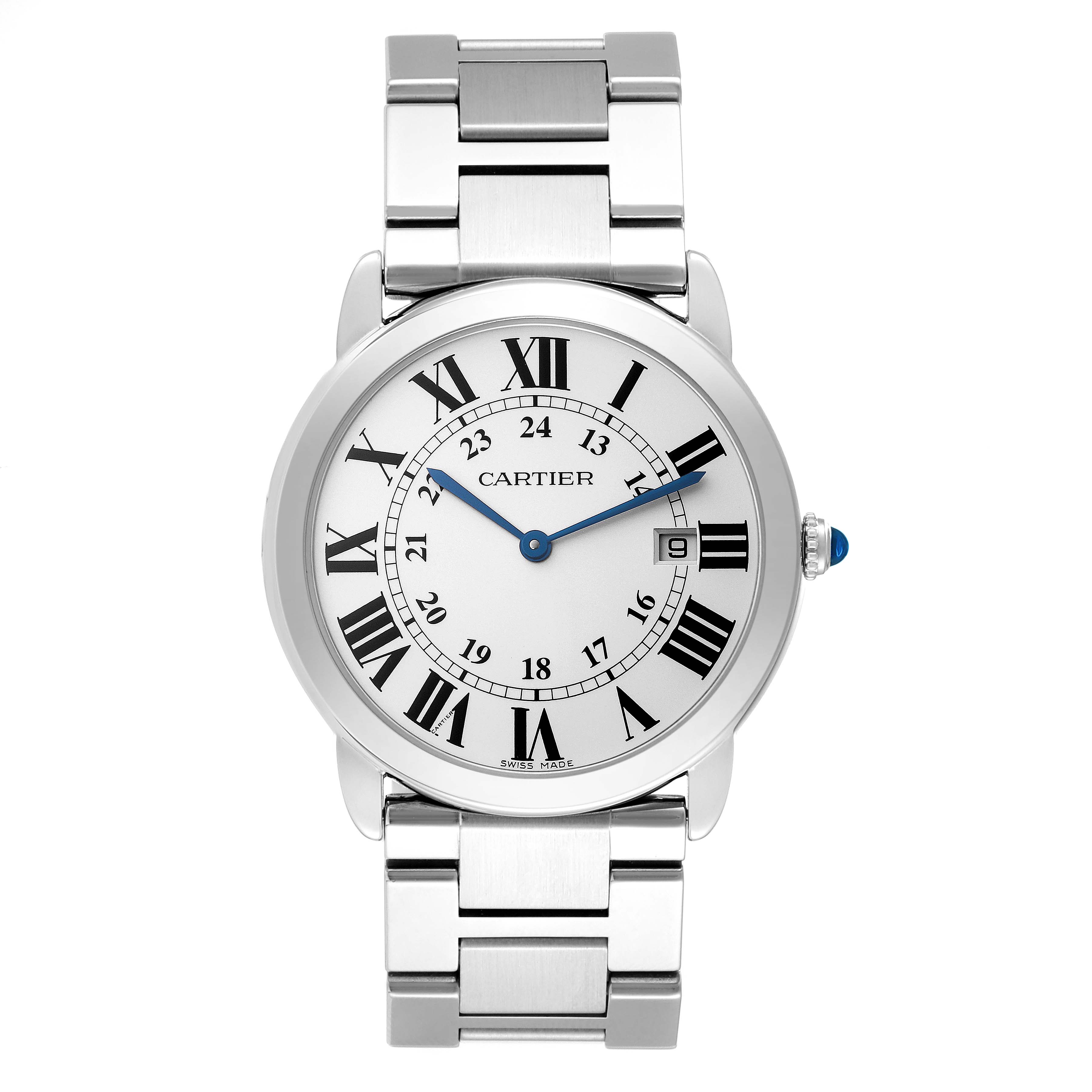 The Cartier Ronde W6701005 Men
s Stainless Steel Silver Dial W6701005 Men
s Stainless Steel Silver Dial watch is shown from a top-down angle, displaying its face, bezel, bracelet, and crown.