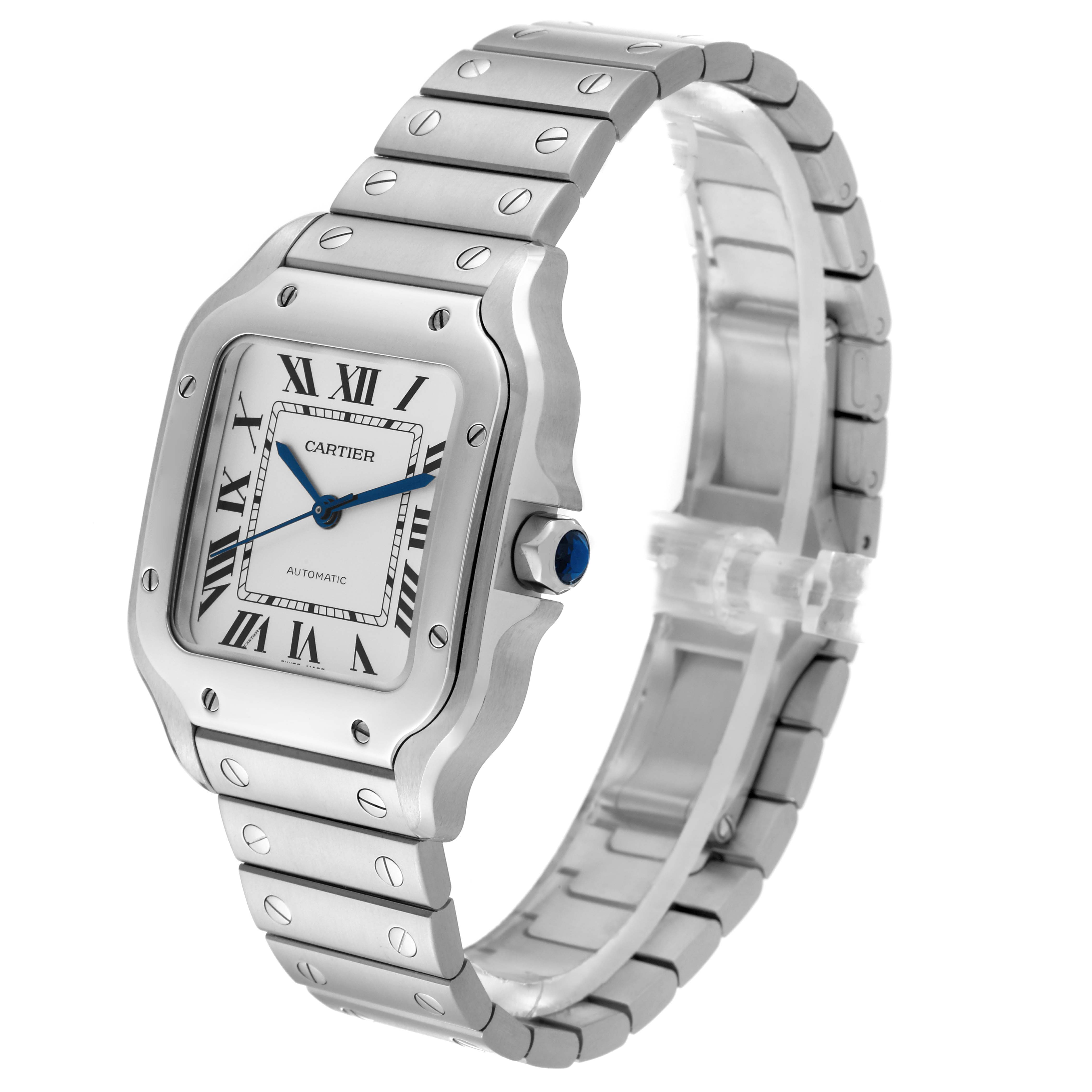 The Cartier Santos WSSA0010 Men's Stainless Steel Silver Dial WSSA0010 Men's Stainless Steel Silver Dial watch is shown at an angle highlighting the face, bezel, and bracelet.
