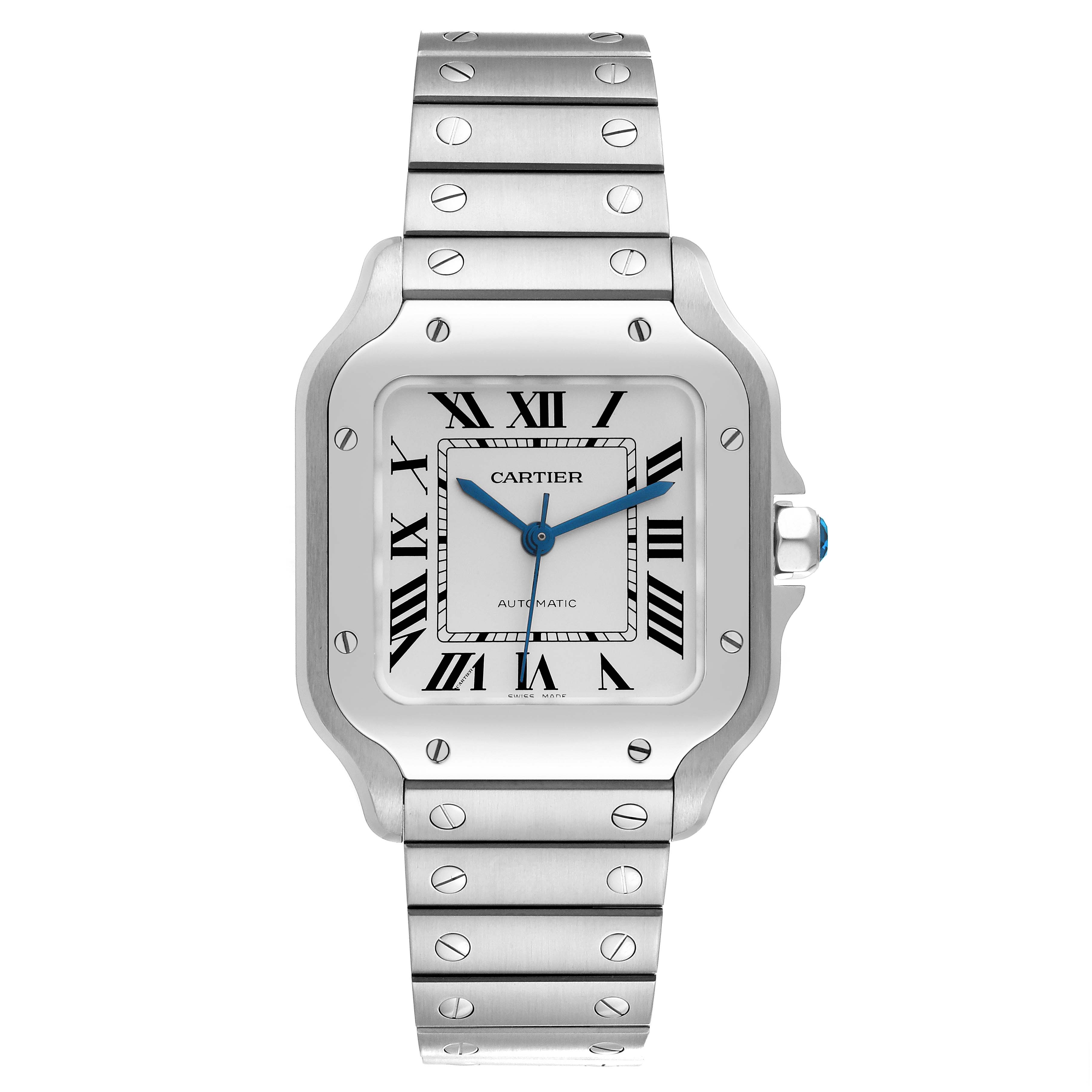 The Cartier Santos WSSA0010 Men's Stainless Steel Silver Dial WSSA0010 Men's Stainless Steel Silver Dial watch is shown from a front angle, displaying its face, bezel, crown, and bracelet.