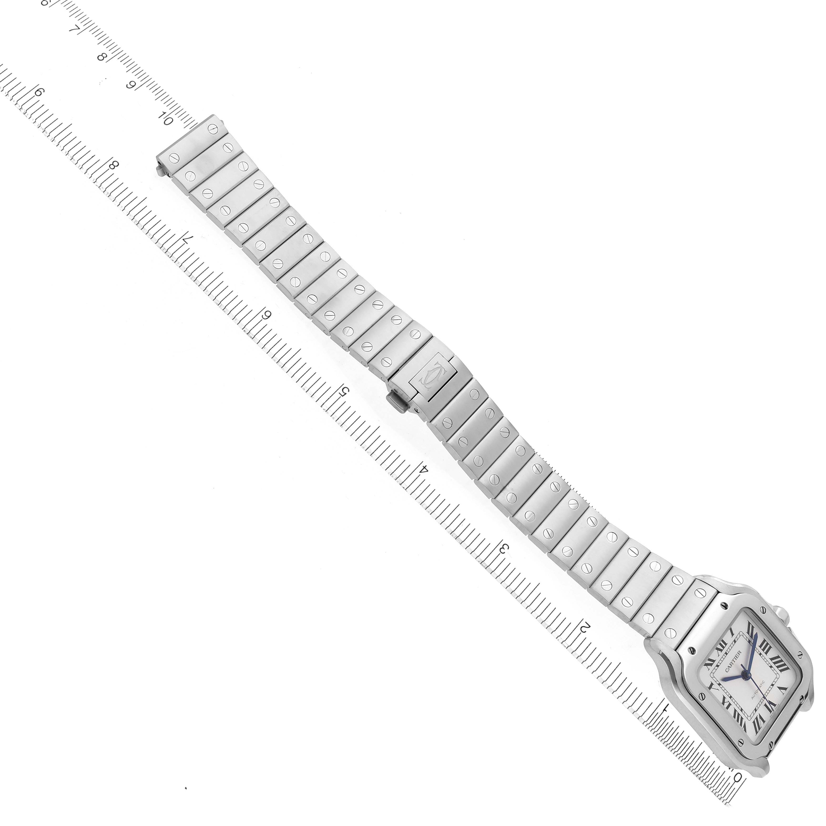 The Cartier Santos WSSA0010 Men's Stainless Steel Silver Dial WSSA0010 Men's Stainless Steel Silver Dial watch is shown from above, highlighting its face, bezel, and metal bracelet with visible screw details.