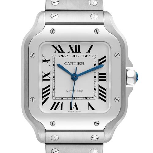 The image shows a frontal view of the Cartier Santos watch face and part of the bracelet.