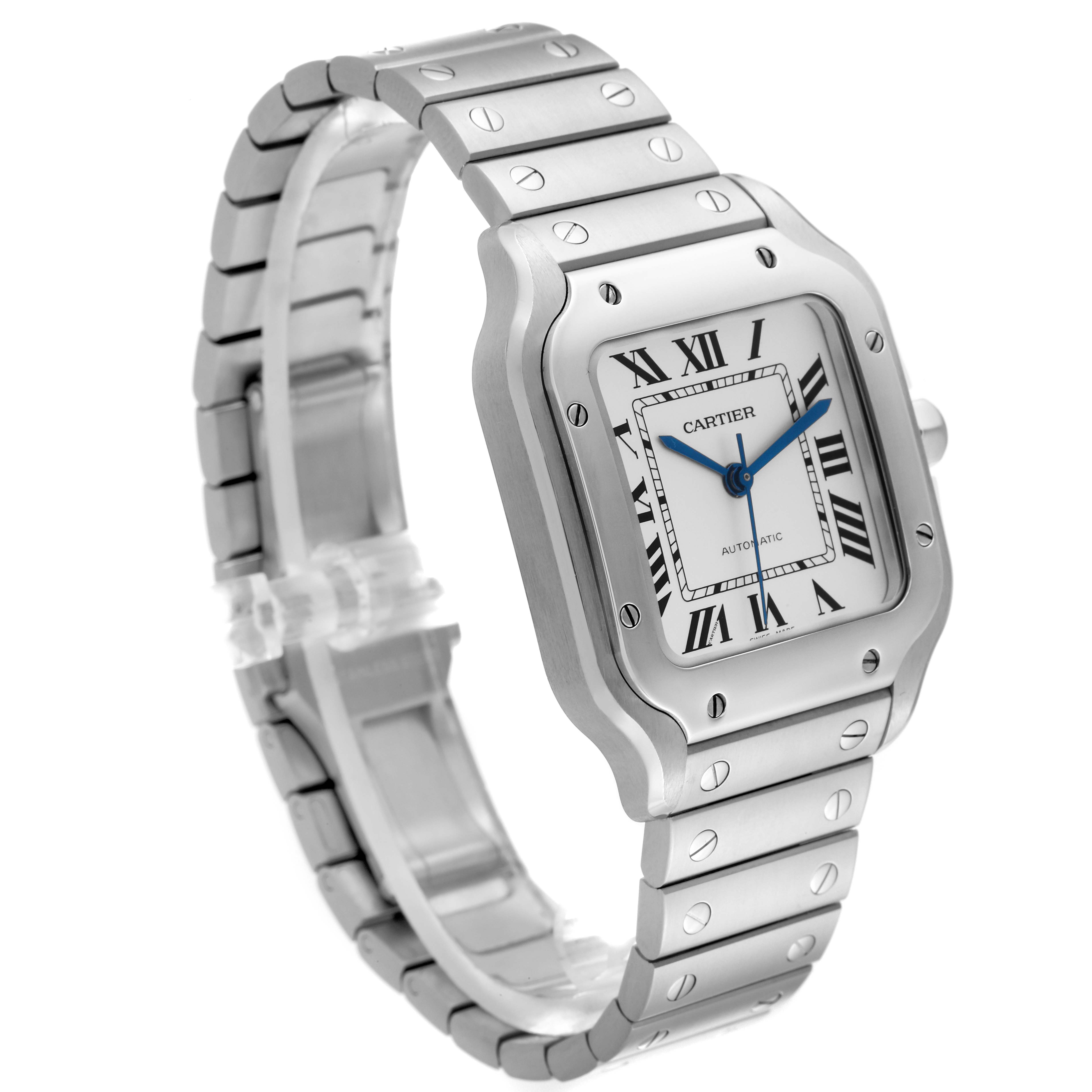 The Cartier Santos WSSA0010 Men's Stainless Steel Silver Dial WSSA0010 Men's Stainless Steel Silver Dial watch is shown at a three-quarter angle, displaying the face, bezel, and bracelet.