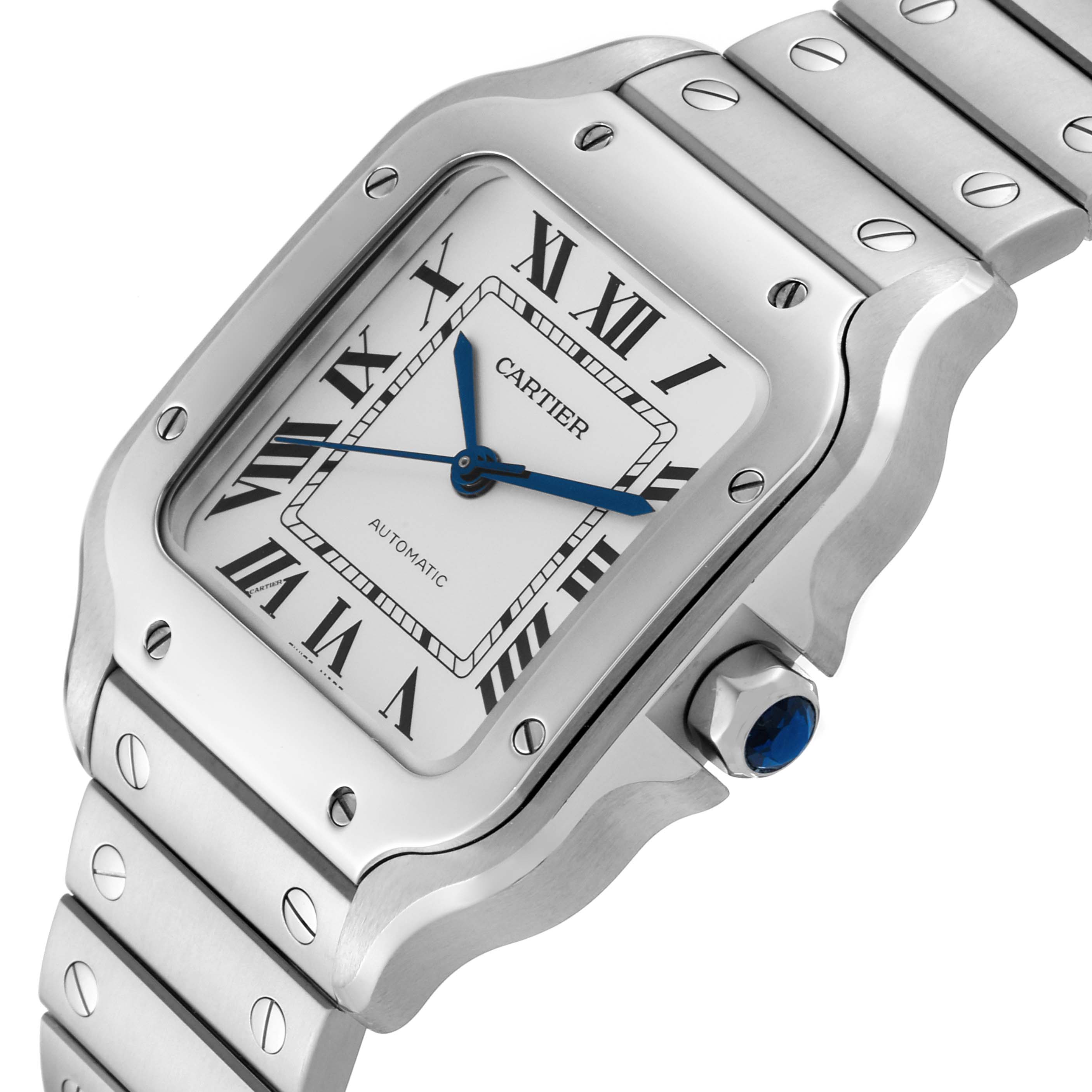 The Cartier Santos WSSA0010 Men's Stainless Steel Silver Dial WSSA0010 Men's Stainless Steel Silver Dial watch is shown at an angle, highlighting the stainless steel case, blue hands, Roman numerals, and bracelet screws.