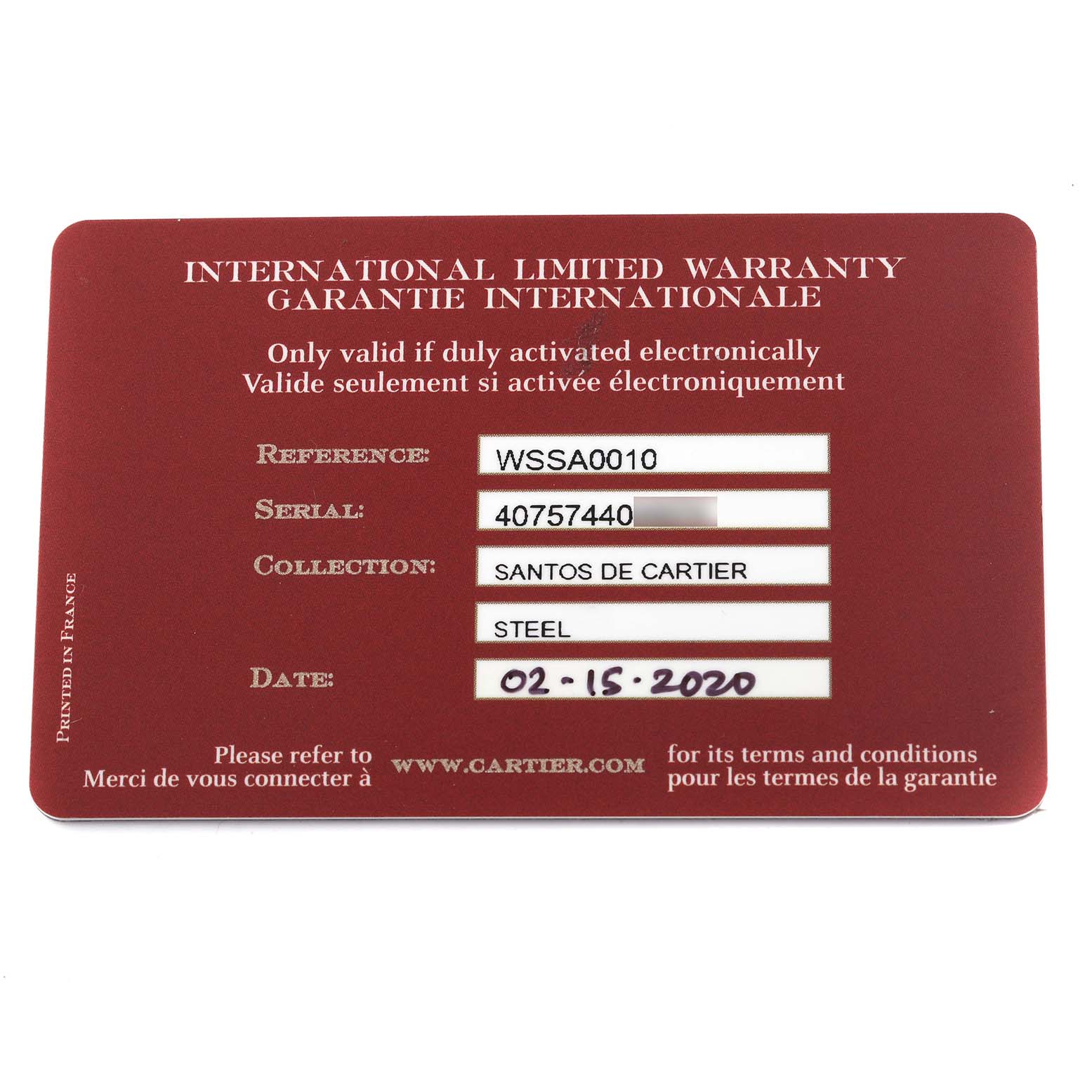 The image shows the warranty card for the Santos de Cartier watch, listing details like reference, serial number, and date.