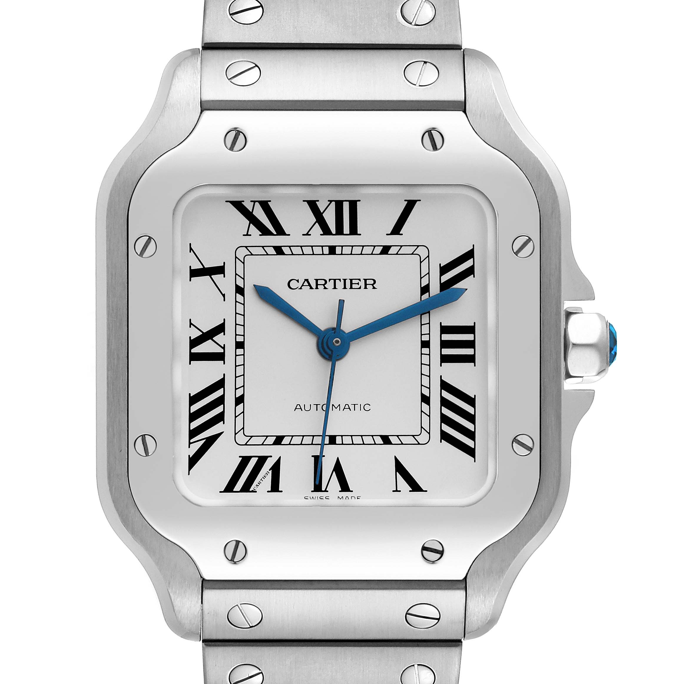 The Cartier Santos WSSA0010 Men's Stainless Steel Silver Dial WSSA0010 Men's Stainless Steel Silver Dial watch is shown from the front, highlighting its face, bezel, and part of the bracelet with visible screws.