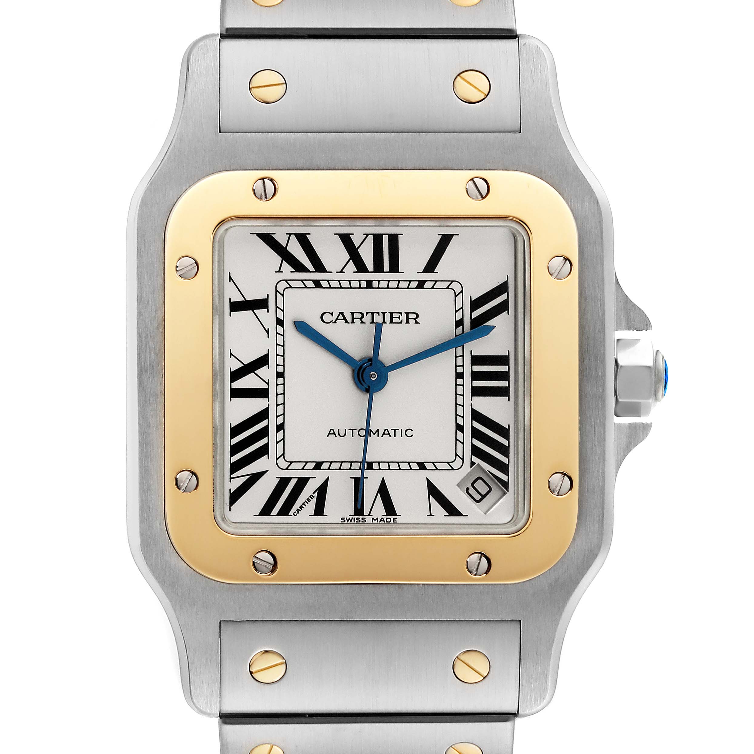The Cartier Santos W20099C4 Men's Steel and Gold (two tone) Silver Dial W20099C4 Men's Steel and Gold (two tone) Silver Dial watch is shown from the front, highlighting the dial, bezel, crown, and part of the bracelet with screws.