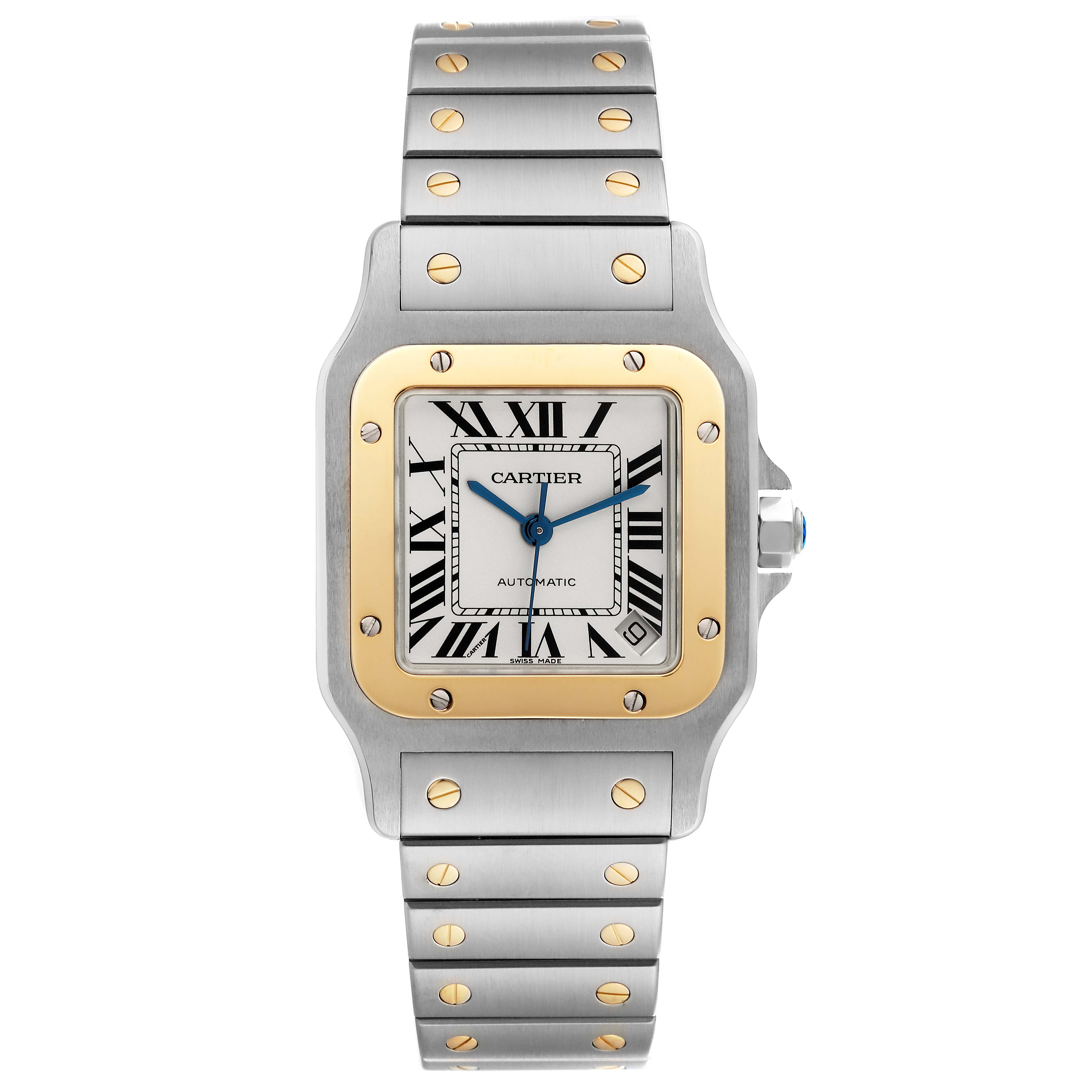 The Cartier Santos W20099C4 Men's Steel and Gold (two tone) Silver Dial W20099C4 Men's Steel and Gold (two tone) Silver Dial watch is shown from a front view, highlighting the face and two-tone bracelet.