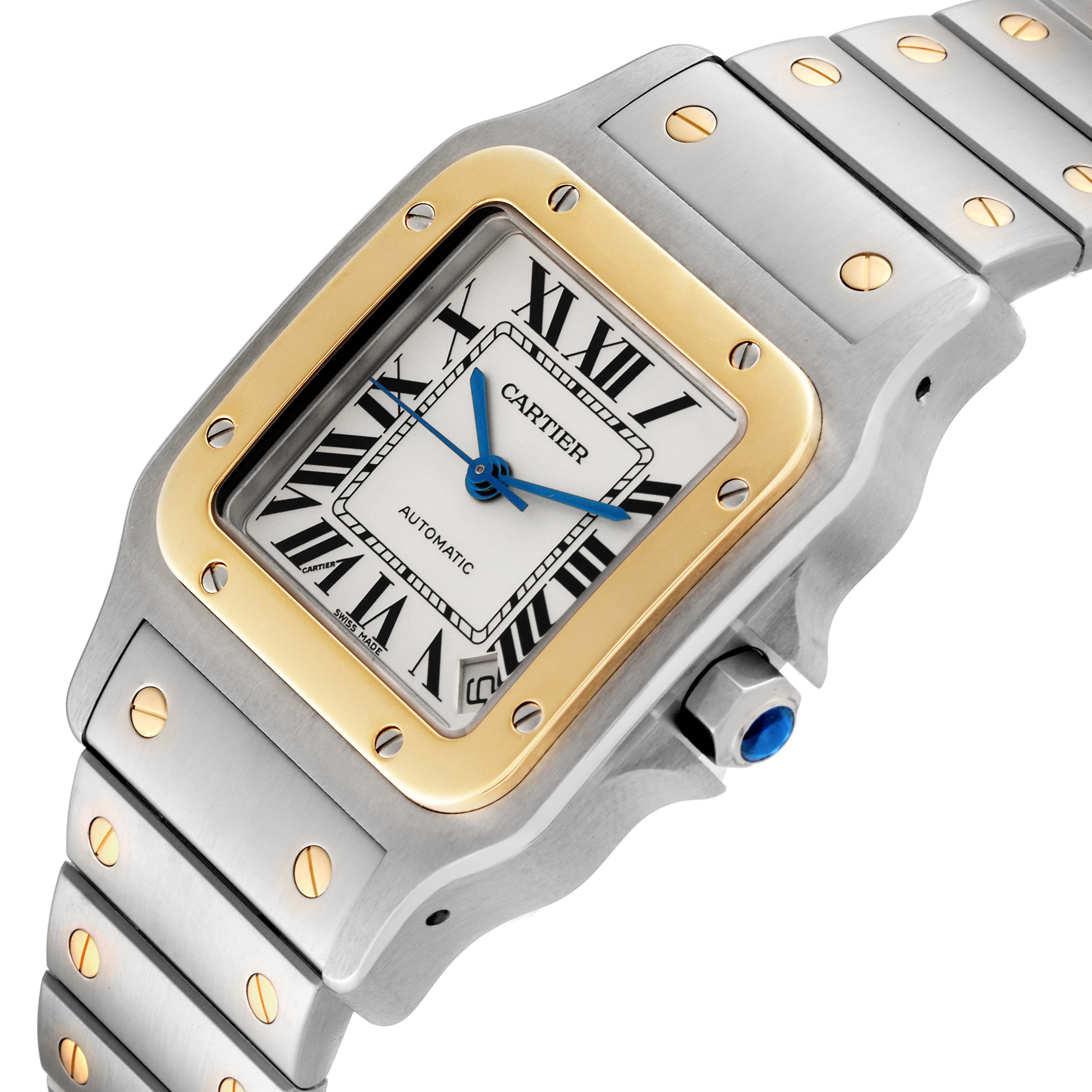 The Cartier Santos W20099C4 Men's Steel and Gold (two tone) Silver Dial W20099C4 Men's Steel and Gold (two tone) Silver Dial watch is shown in a close-up angle, highlighting the face, bezel, and bracelet.