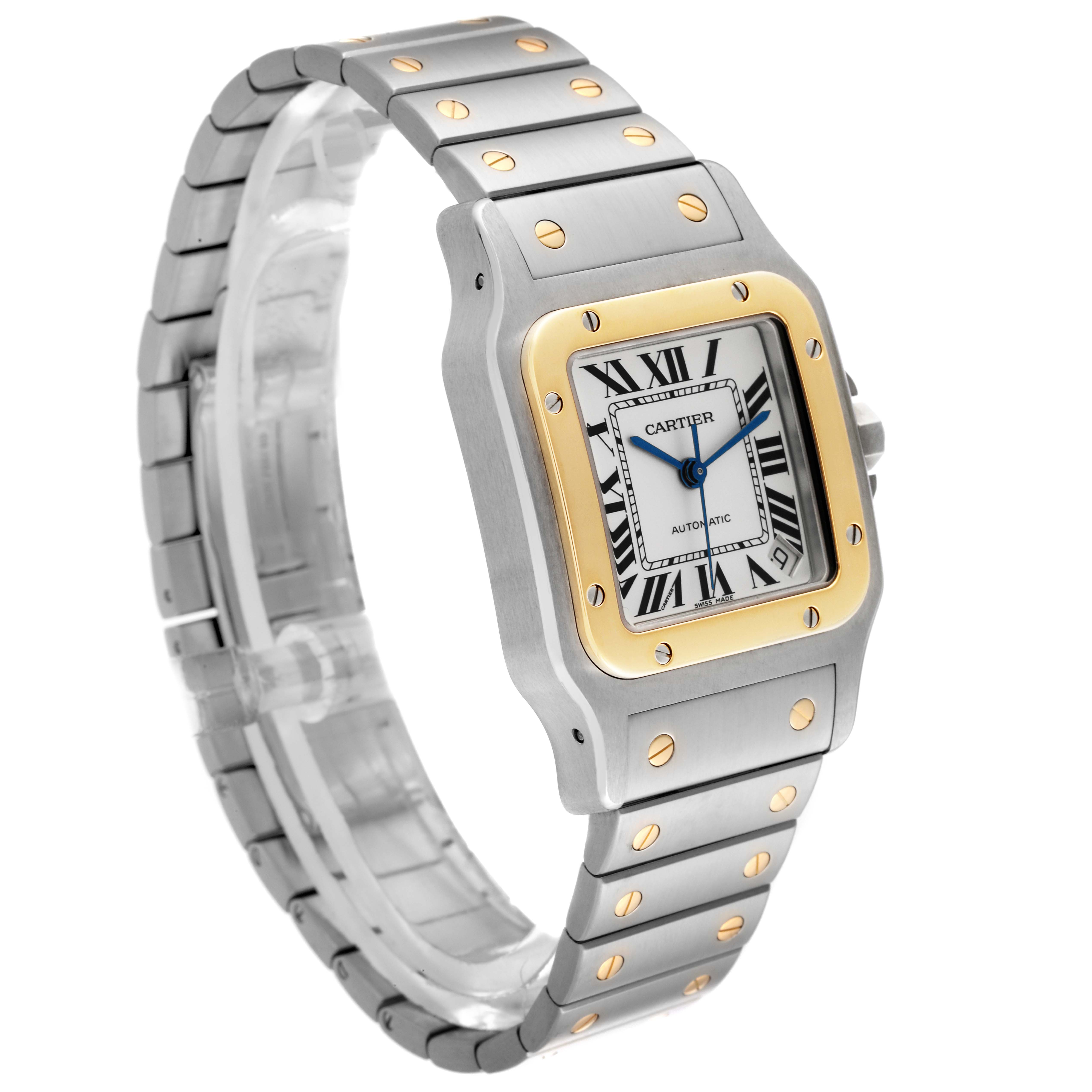 The Cartier Santos W20099C4 Men's Steel and Gold (two tone) Silver Dial W20099C4 Men's Steel and Gold (two tone) Silver Dial watch is shown at a three-quarter angle, displaying its bracelet, bezel, and dial.