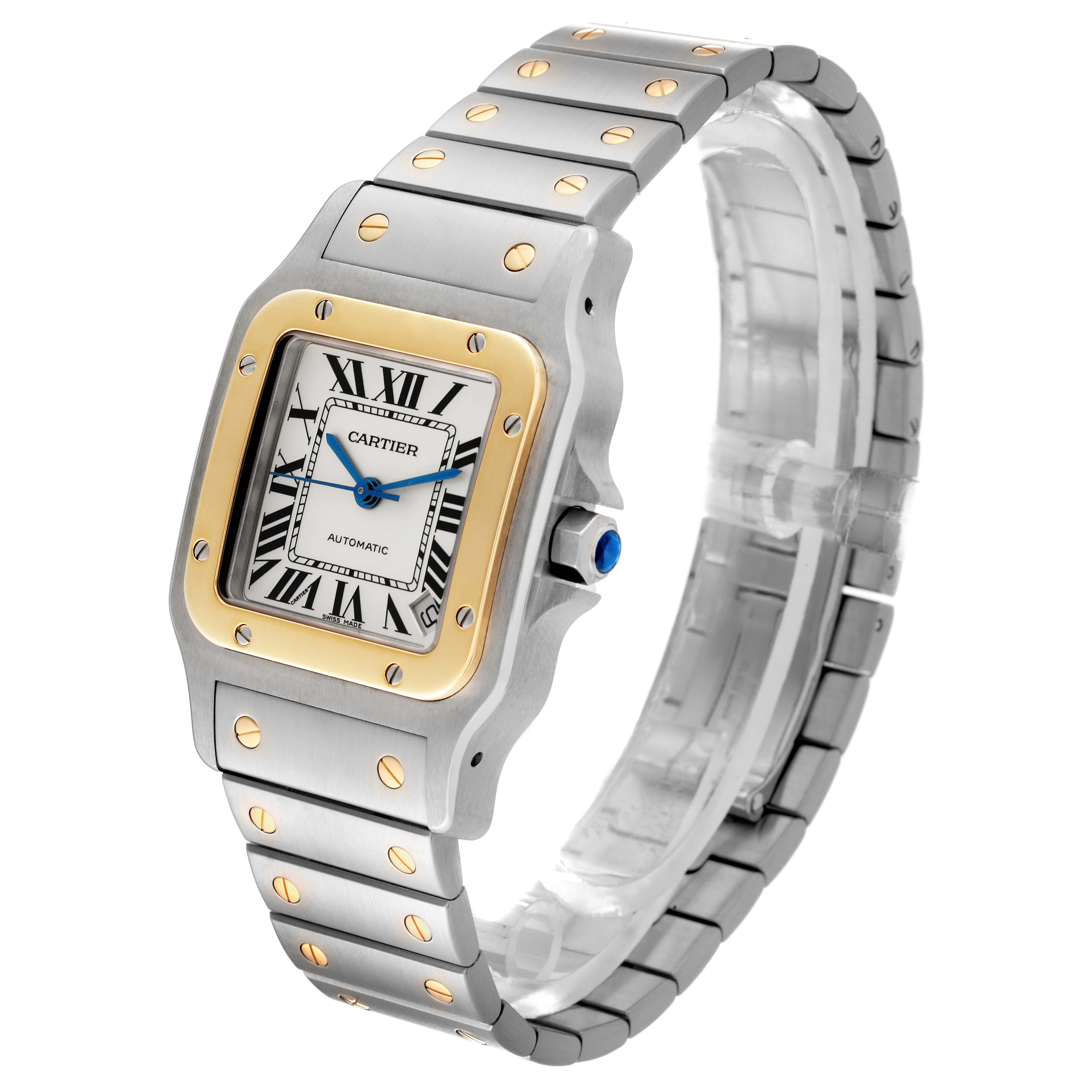 The Cartier Santos W20099C4 Men's Steel and Gold (two tone) Silver Dial W20099C4 Men's Steel and Gold (two tone) Silver Dial watch is shown at a three-quarter angle, displaying the face, bezel, and bracelet links.