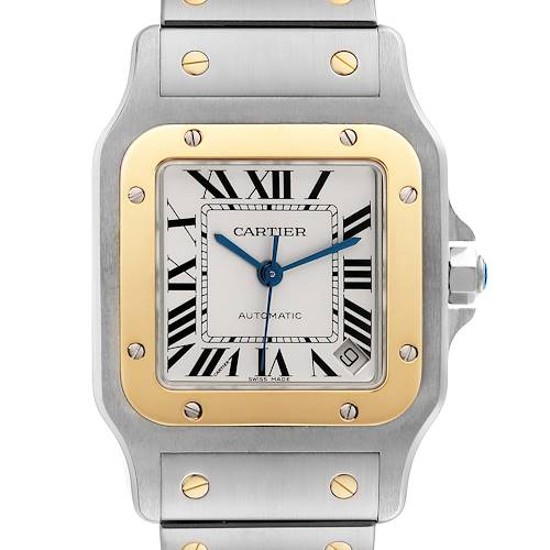 The Cartier Santos model watch is shown from a front angle, highlighting the face, bezel, and metal bracelet.