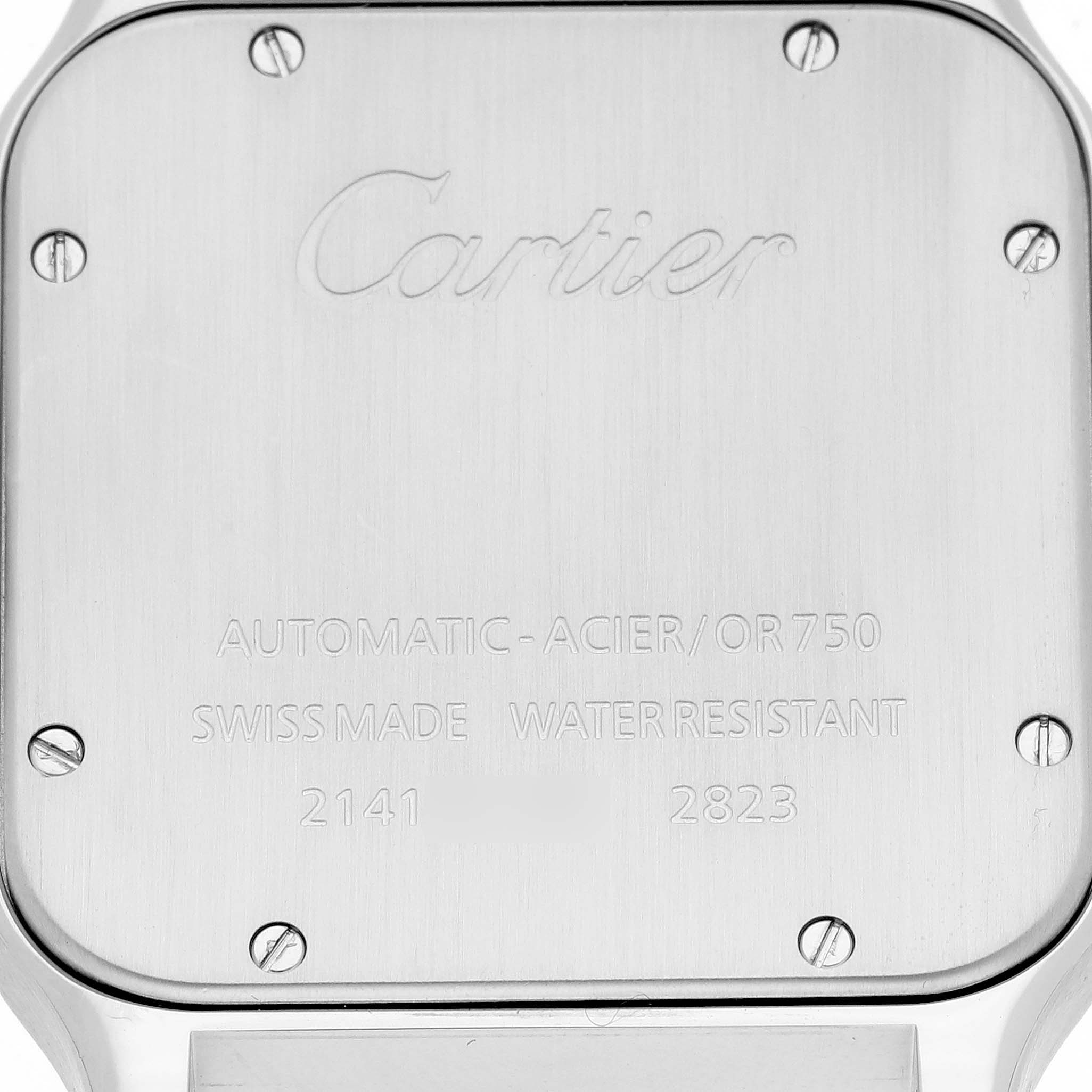 The image shows the back case of a Cartier Santos W20099C4 Men's Steel and Gold (two tone) Silver Dial W20099C4 Men's Steel and Gold (two tone) Silver Dial watch with engraved details.