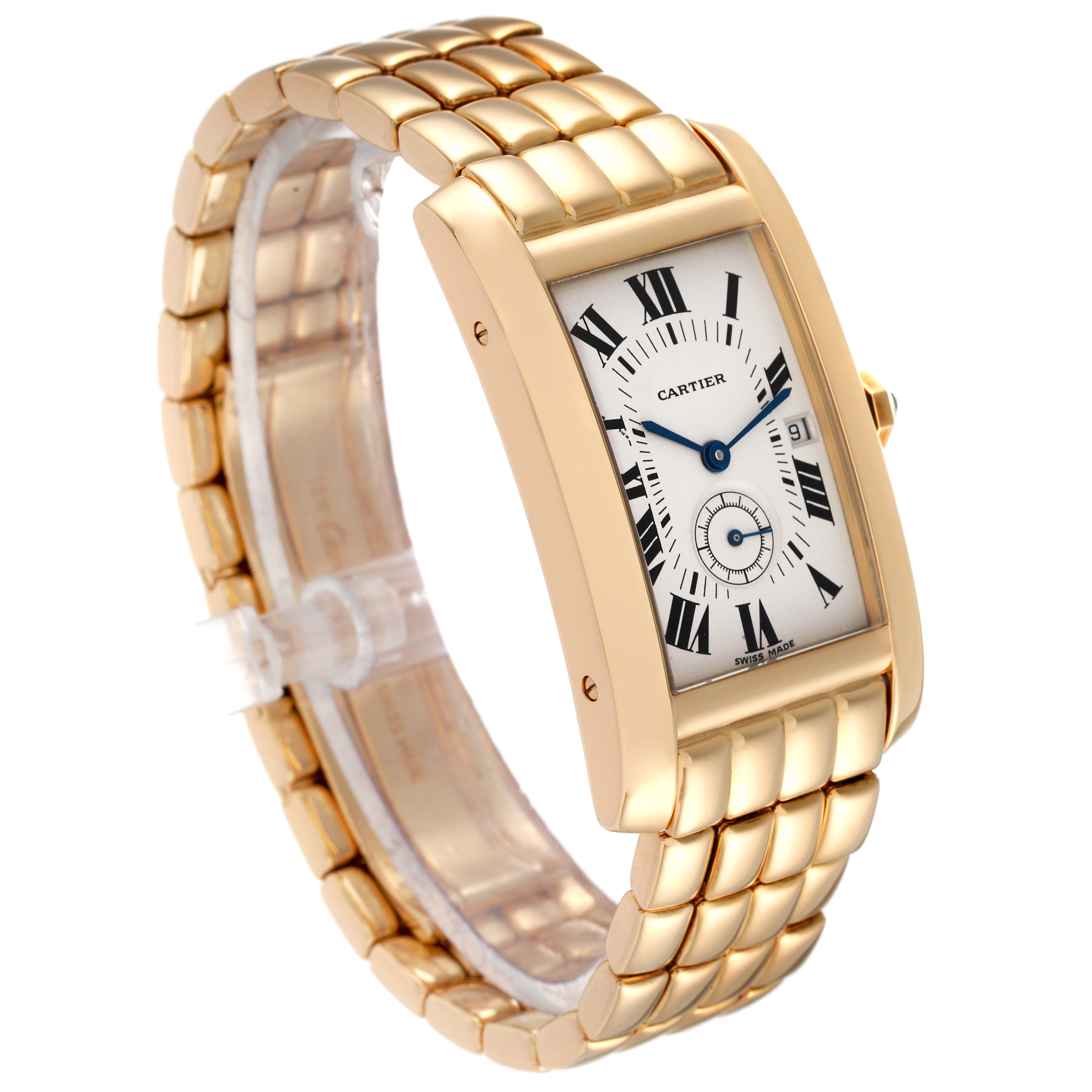 This image shows a frontal angle of the Cartier Tank Americaine W26009C9 Women
s Yellow Gold Silver Dial W26009C9 Women
s Yellow Gold Silver Dial watch, highlighting its gold case, bracelet, and Roman numeral dial.