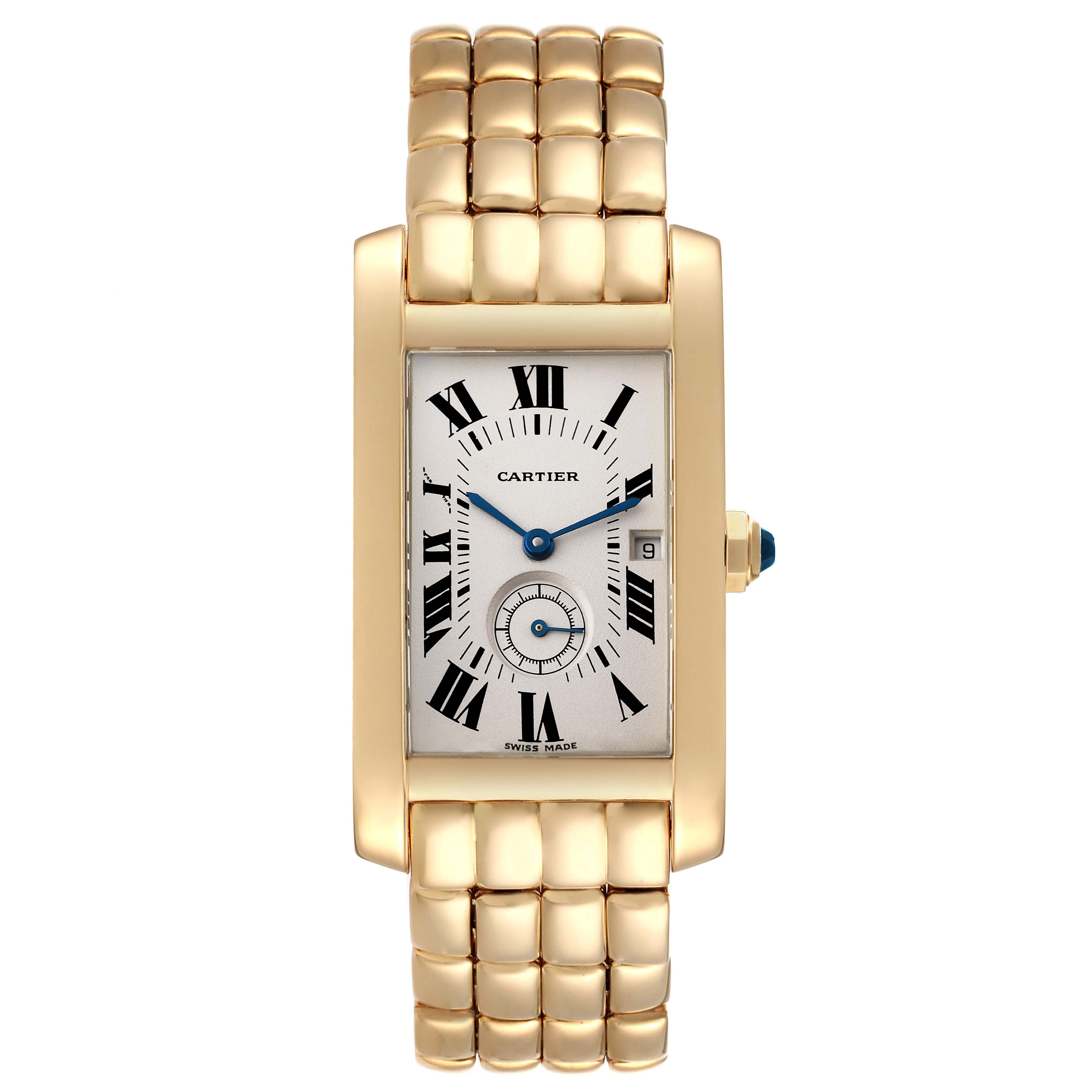 The image shows a top-down view of a Cartier Tank Americaine W26009C9 Women
s Yellow Gold Silver Dial W26009C9 Women
s Yellow Gold Silver Dial watch, featuring its gold metal bracelet and rectangular face with Roman numerals.