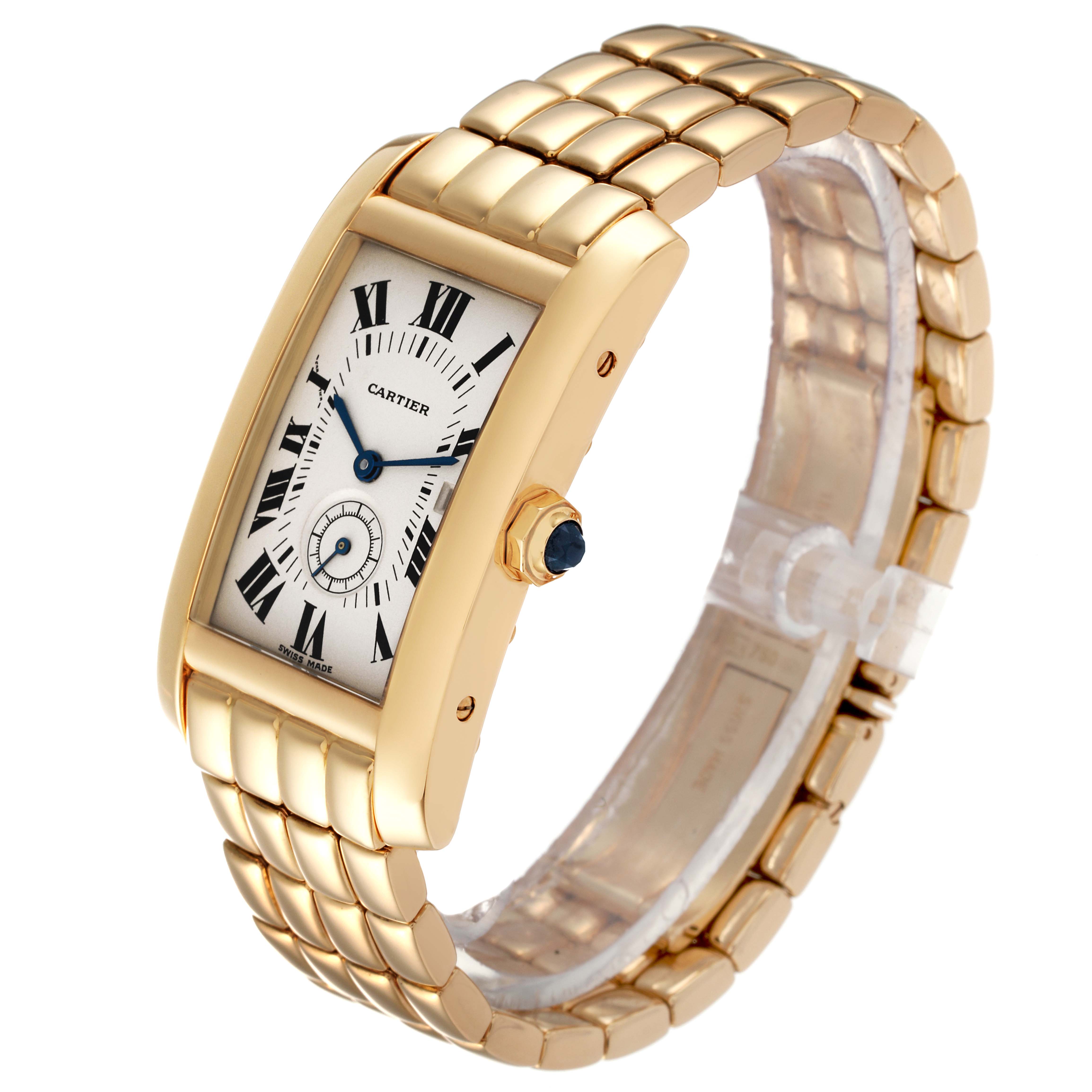 The Cartier Tank Americaine W26009C9 Women
s Yellow Gold Silver Dial W26009C9 Women
s Yellow Gold Silver Dial watch is shown at a three-quarter angle, featuring its rectangular face and gold bracelet.
