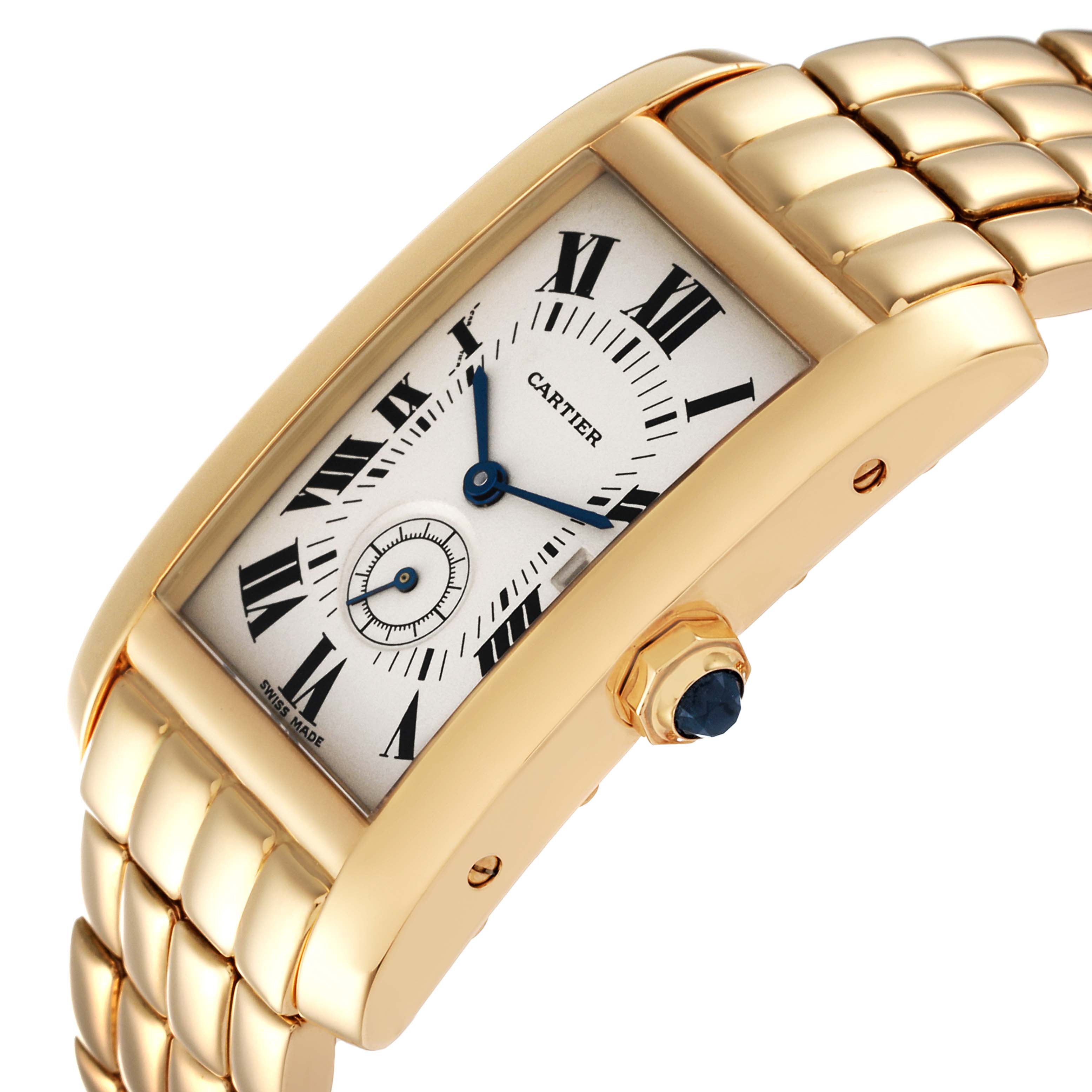 The image shows a Cartier Tank Americaine W26009C9 Women
s Yellow Gold Silver Dial W26009C9 Women
s Yellow Gold Silver Dial watch from a side angle, highlighting its bracelet, dial, and crown.