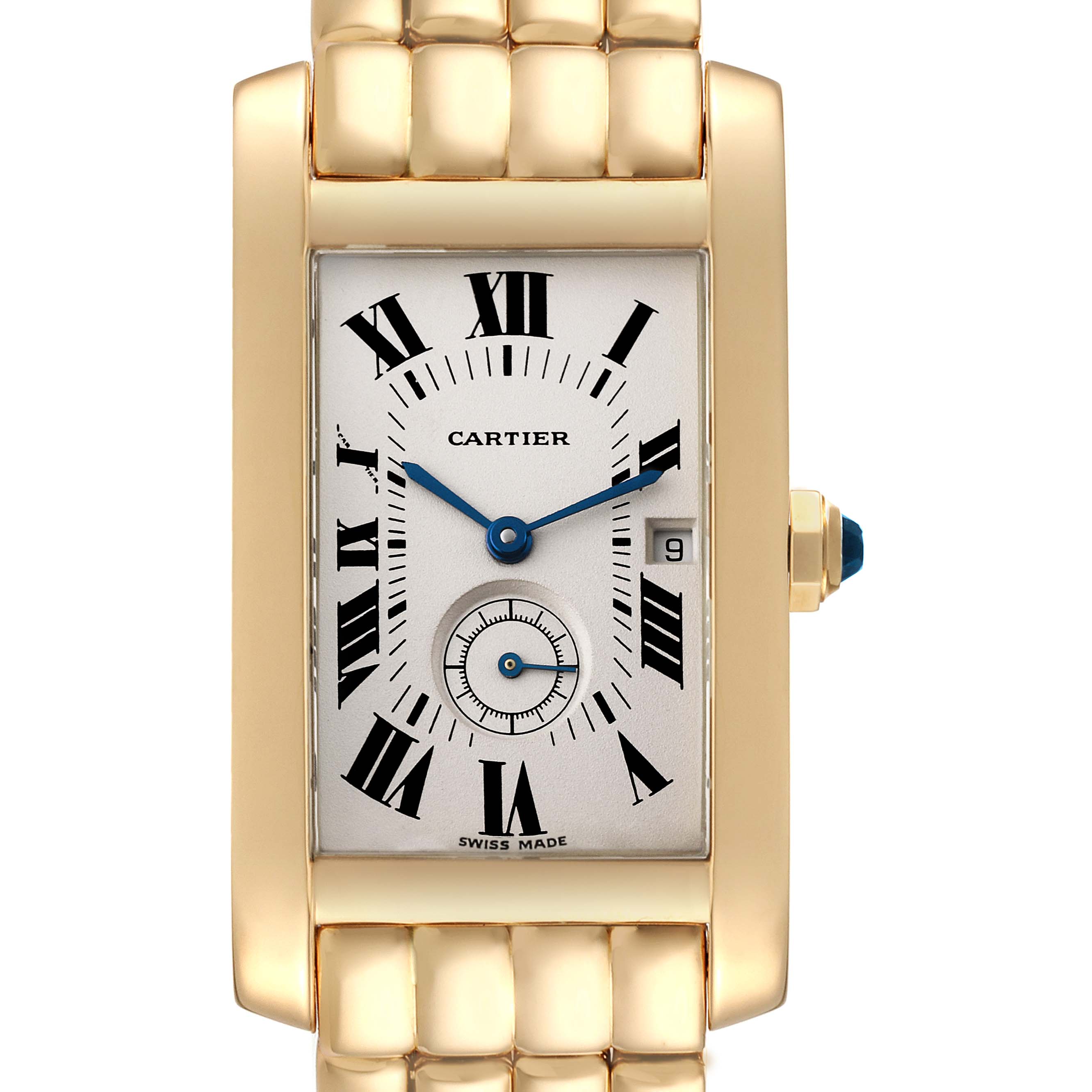 The image shows a front view of the Cartier Tank Americaine W26009C9 Women
s Yellow Gold Silver Dial W26009C9 Women
s Yellow Gold Silver Dial watch, highlighting the face, Roman numerals, and bracelet.