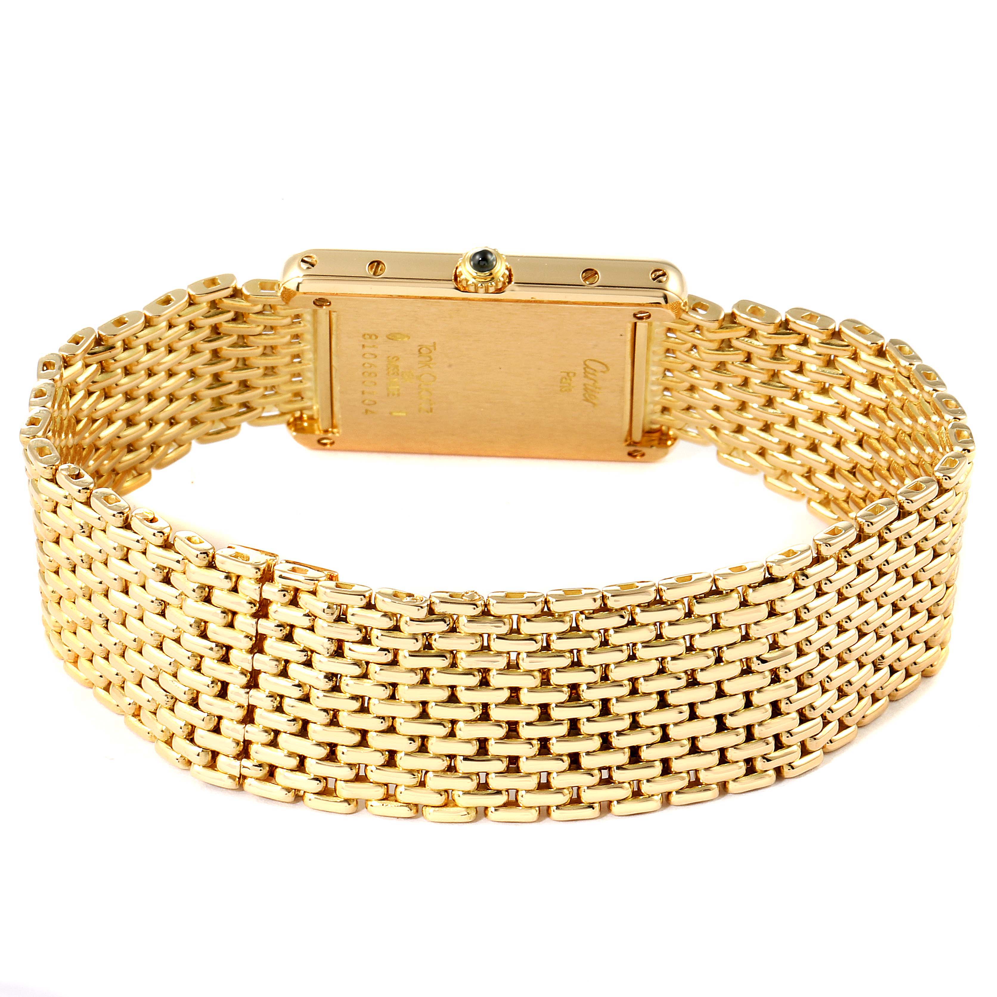 This image shows the back view of a Cartier Tank Classic Women's Yellow Gold White Dial Women's Yellow Gold White Dial watch, highlighting its case back and gold bracelet.