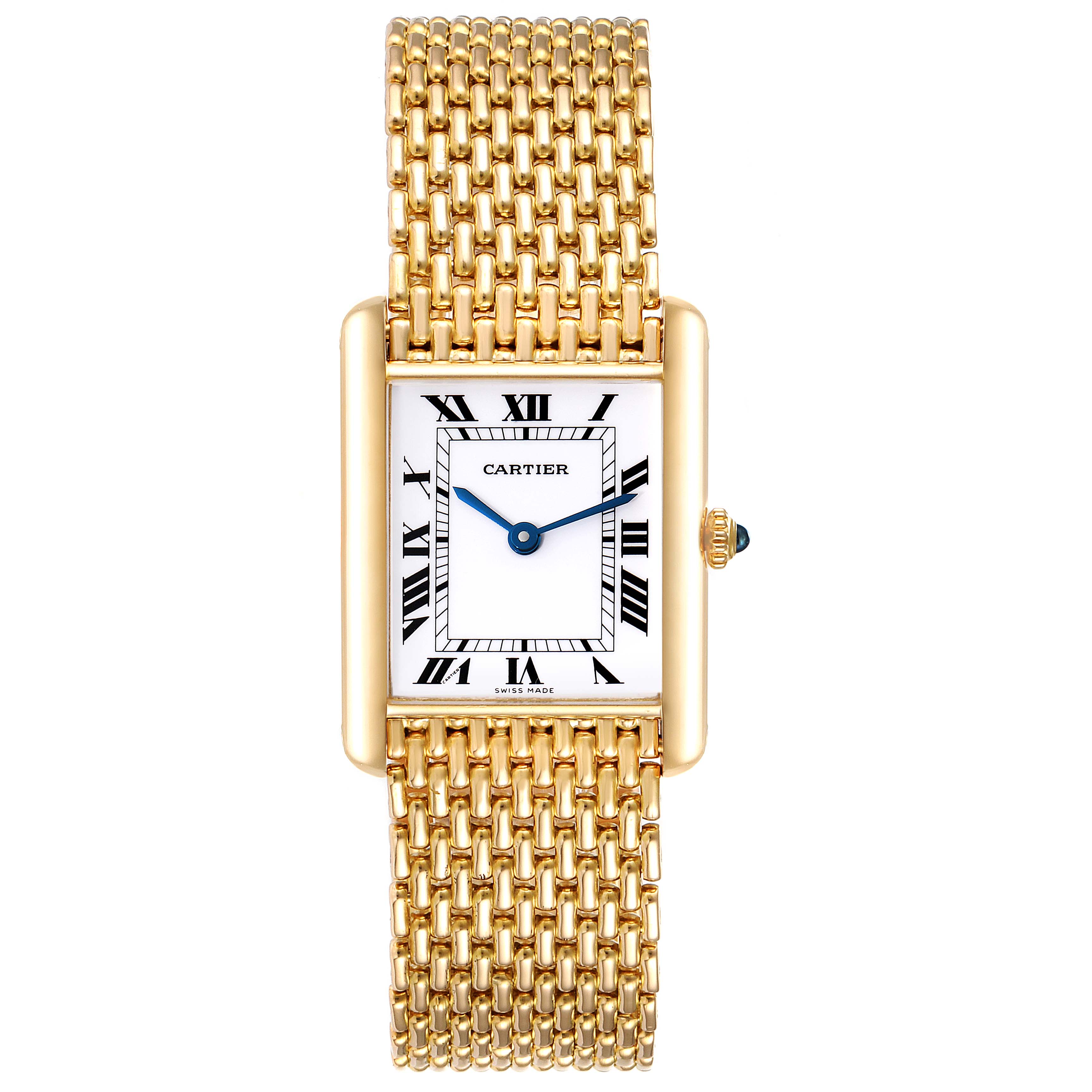 This image shows a front view of the Cartier Tank Classic Women's Yellow Gold White Dial Women's Yellow Gold White Dial watch, displaying its rectangular face, Roman numerals, and gold bracelet.