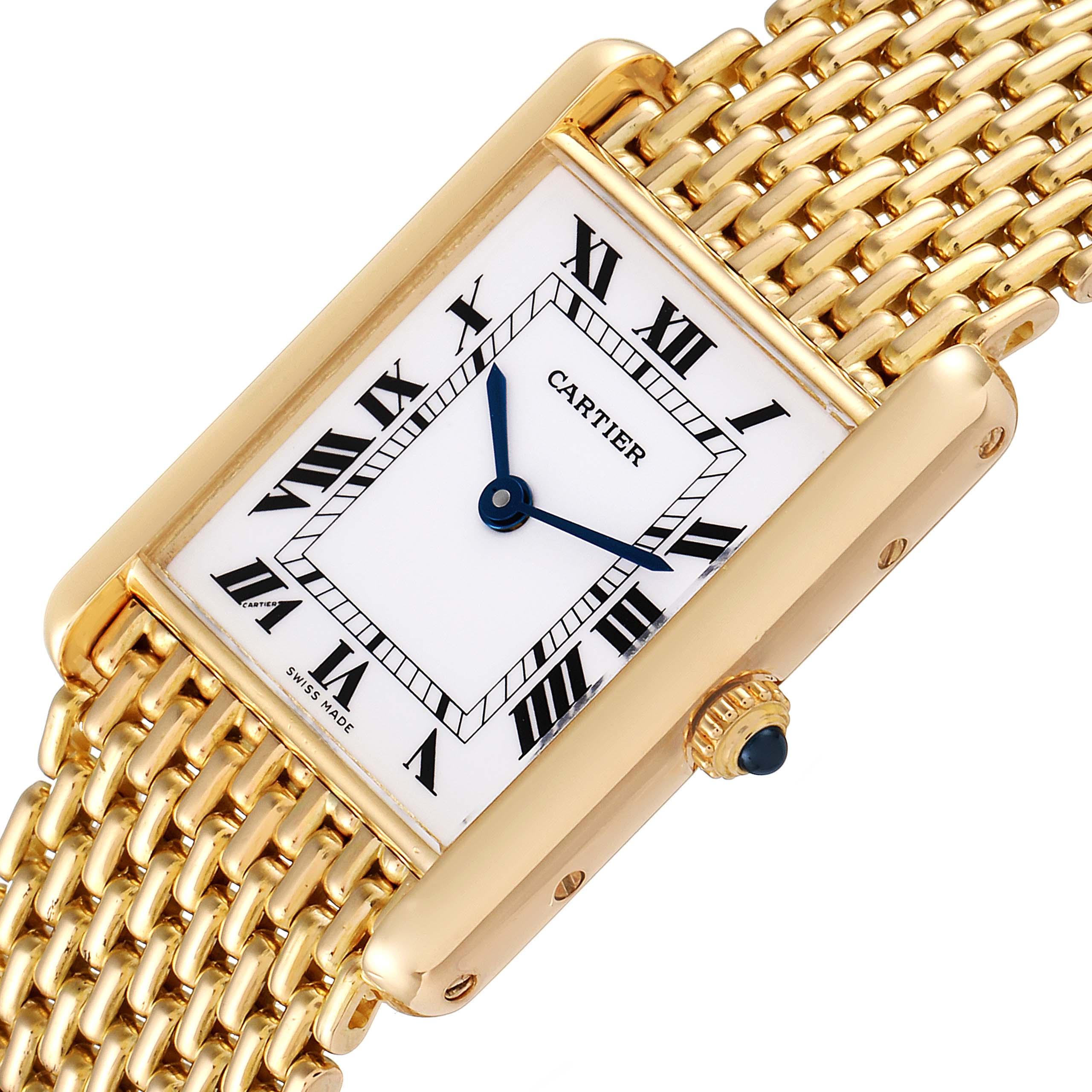 The Cartier Tank Classic Women's Yellow Gold White Dial Women's Yellow Gold White Dial watch is shown from an angled top view, highlighting its rectangular face and gold bracelet.