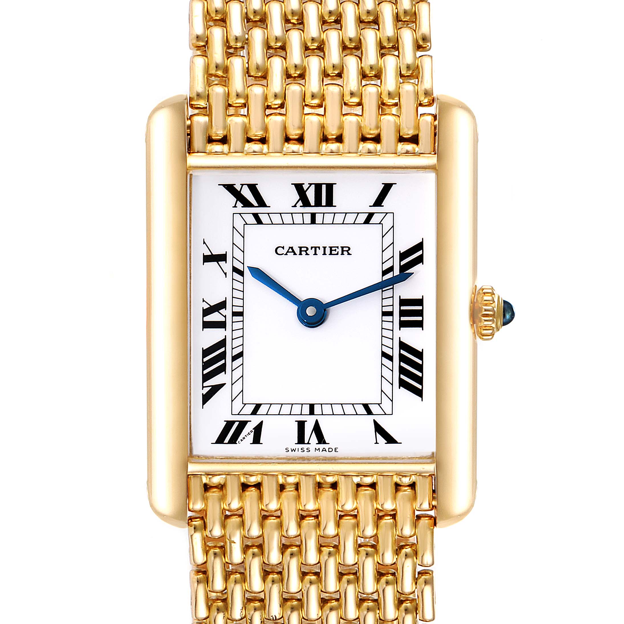 The Cartier Tank Classic Women's Yellow Gold White Dial Women's Yellow Gold White Dial watch is shown from the front, displaying its rectangular face, Roman numerals, and gold linked strap.