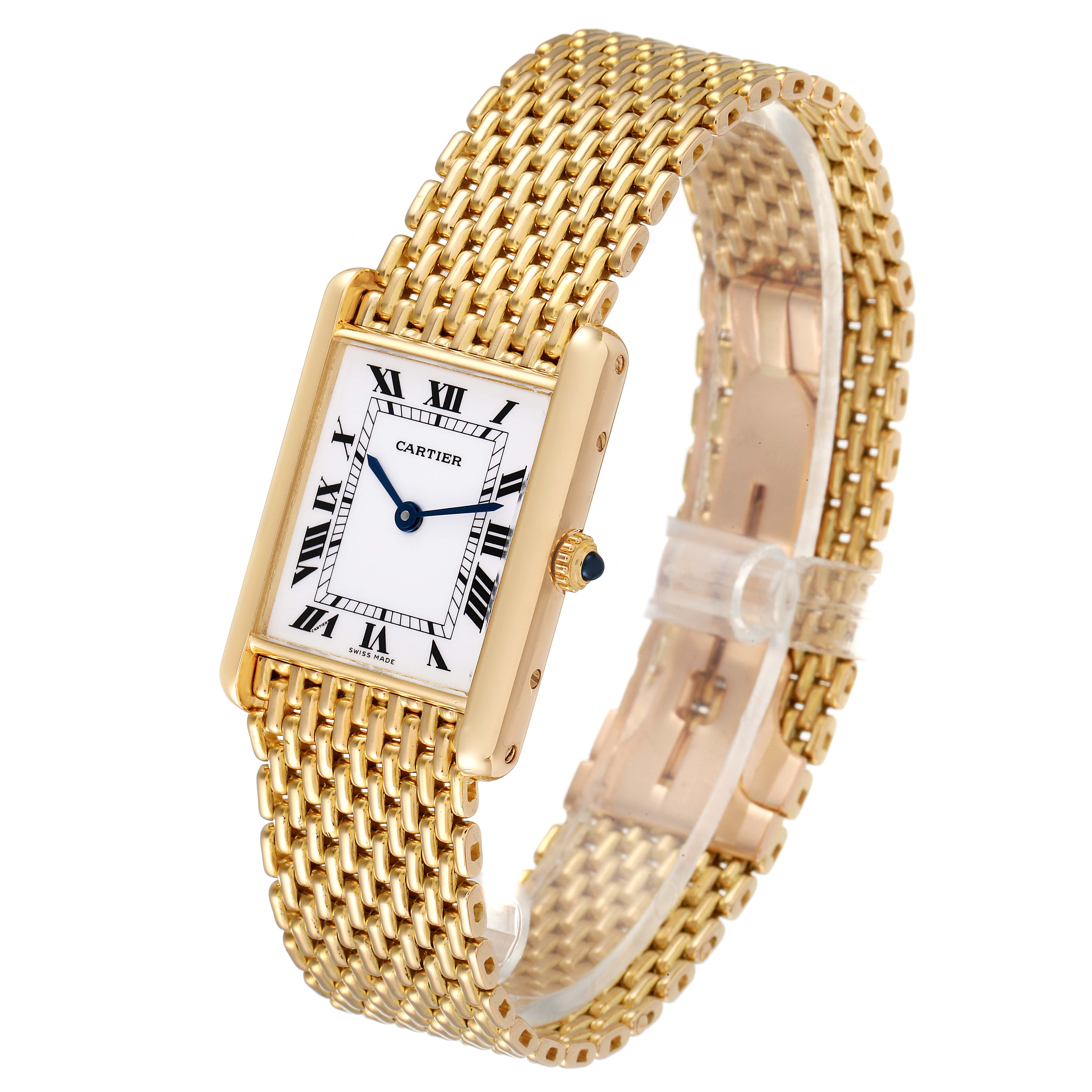 The image shows a Cartier Tank Classic Women's Yellow Gold White Dial Women's Yellow Gold White Dial watch from a front angle, highlighting its gold case, mesh strap, and Roman numeral dial.