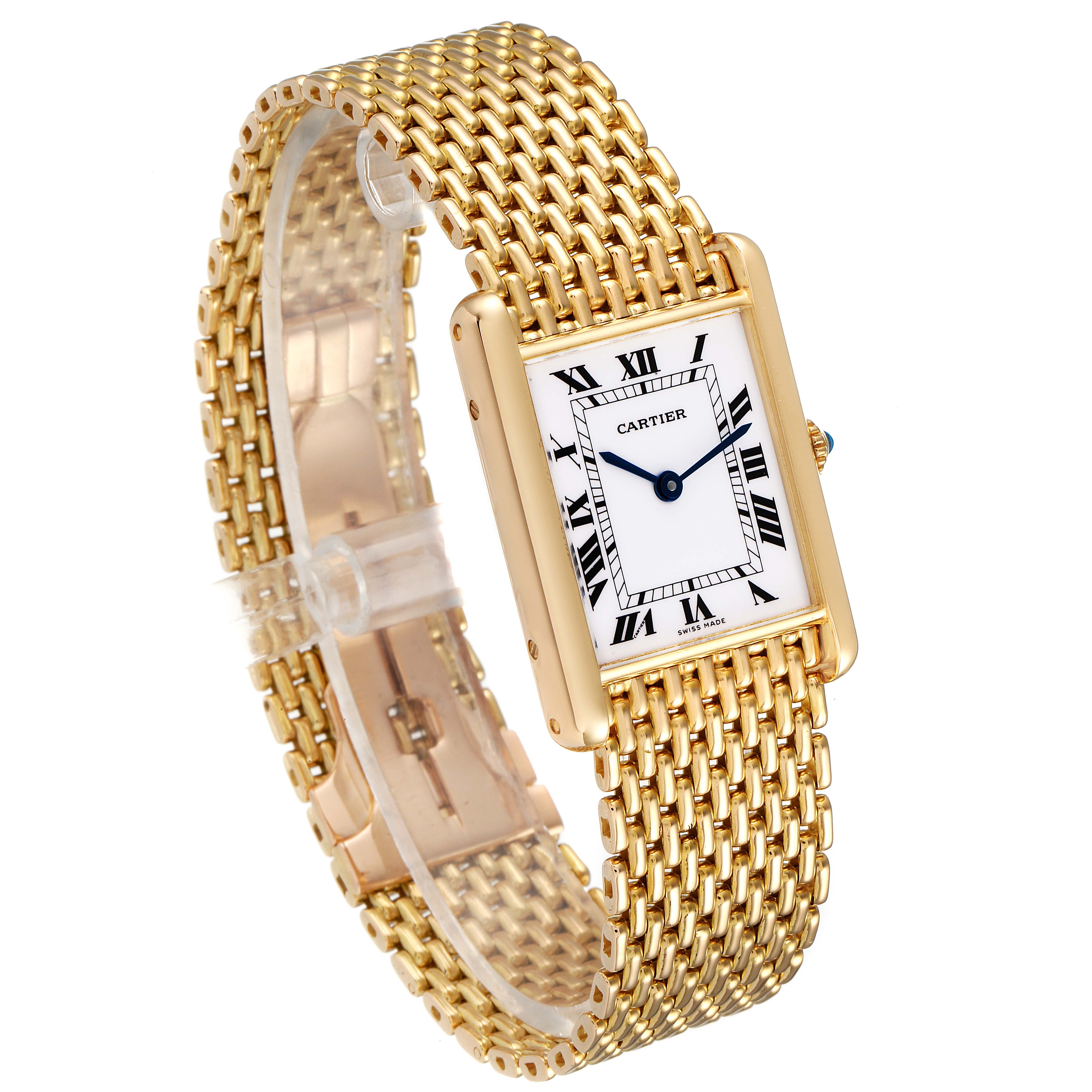 This image shows a Cartier Tank Classic Women's Yellow Gold White Dial Women's Yellow Gold White Dial watch at a slight angle, highlighting its gold rectangular case and woven bracelet.