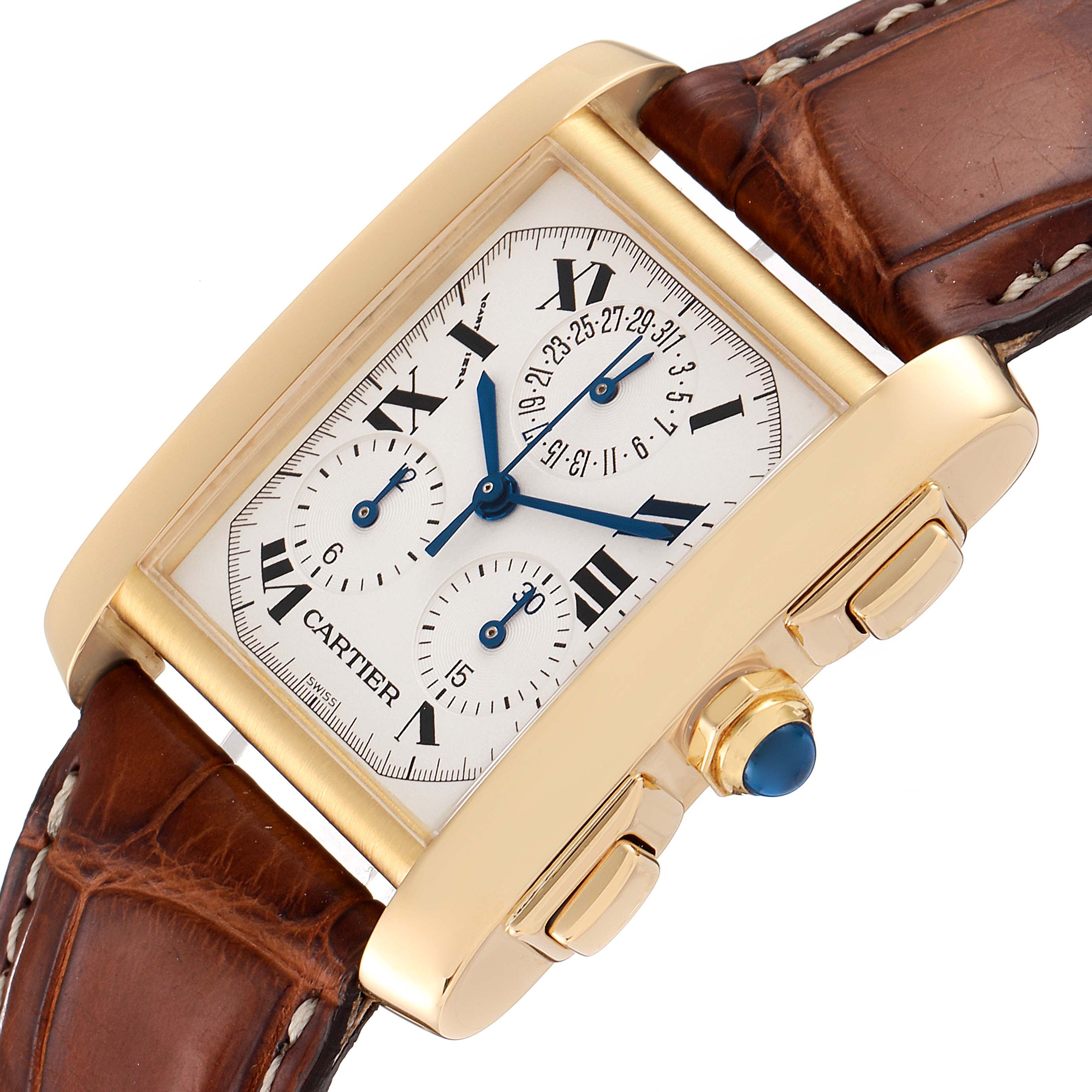 The image showcases a Cartier Tank Francaise W5000556 Men's Yellow Gold Silver Dial W5000556 Men's Yellow Gold Silver Dial watch at a slight angle, highlighting the face, crown, and brown leather strap.