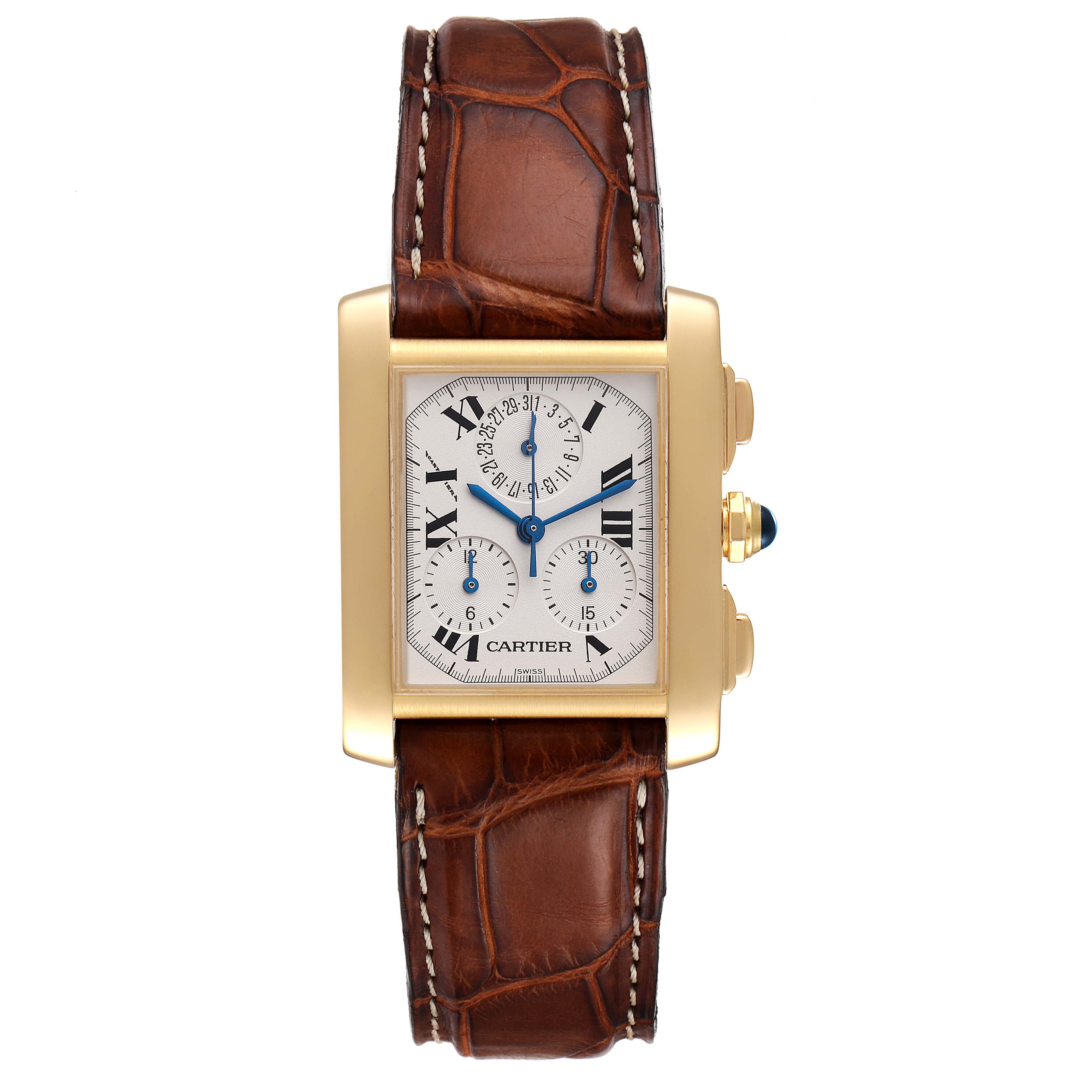 The image shows a front view of the Cartier Tank Francaise W5000556 Men's Yellow Gold Silver Dial W5000556 Men's Yellow Gold Silver Dial watch, displaying its dial, case, and leather strap.