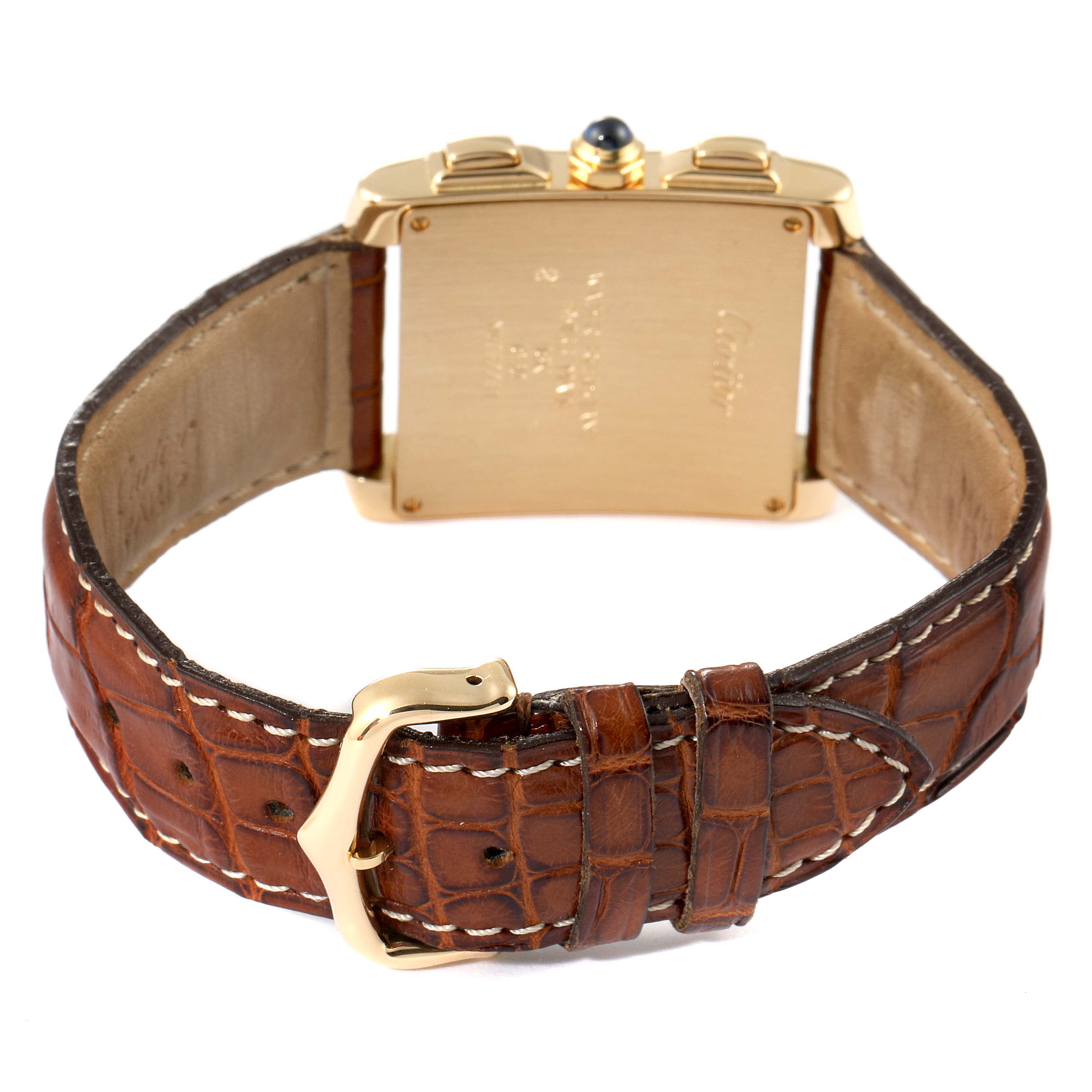 The image shows a Cartier Tank Francaise W5000556 Men's Yellow Gold Silver Dial W5000556 Men's Yellow Gold Silver Dial watch from the back, highlighting the leather strap and clasp.