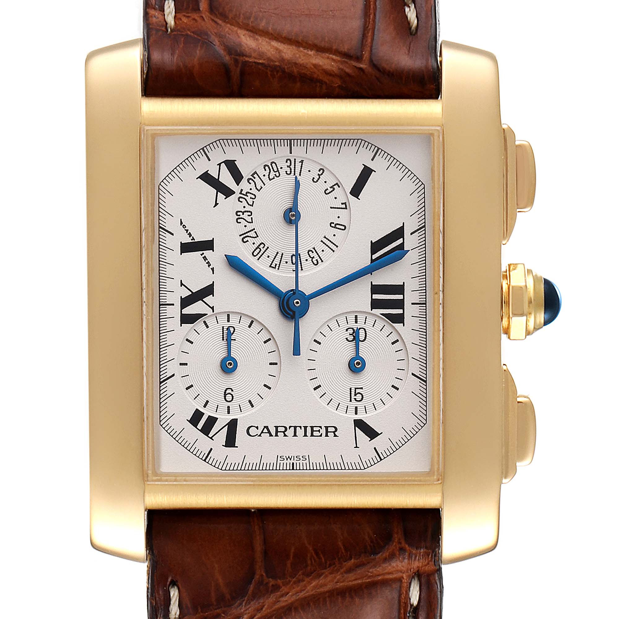 This is a close-up of the Cartier Tank Francaise W5000556 Men's Yellow Gold Silver Dial W5000556 Men's Yellow Gold Silver Dial watch, showing the dial, case, crowns, and part of the leather strap.