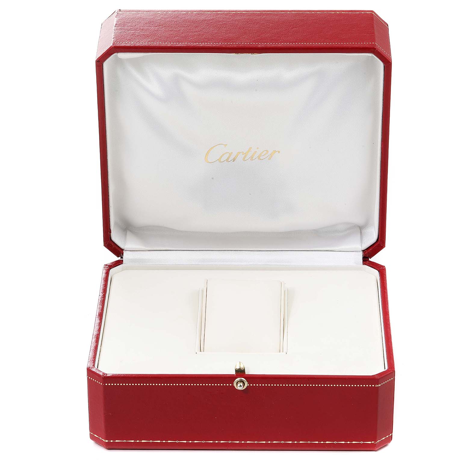 This image shows an open Cartier Tank Francaise W5000556 Men's Yellow Gold Silver Dial W5000556 Men's Yellow Gold Silver Dial watch box with no watch inside, angled straight-on.