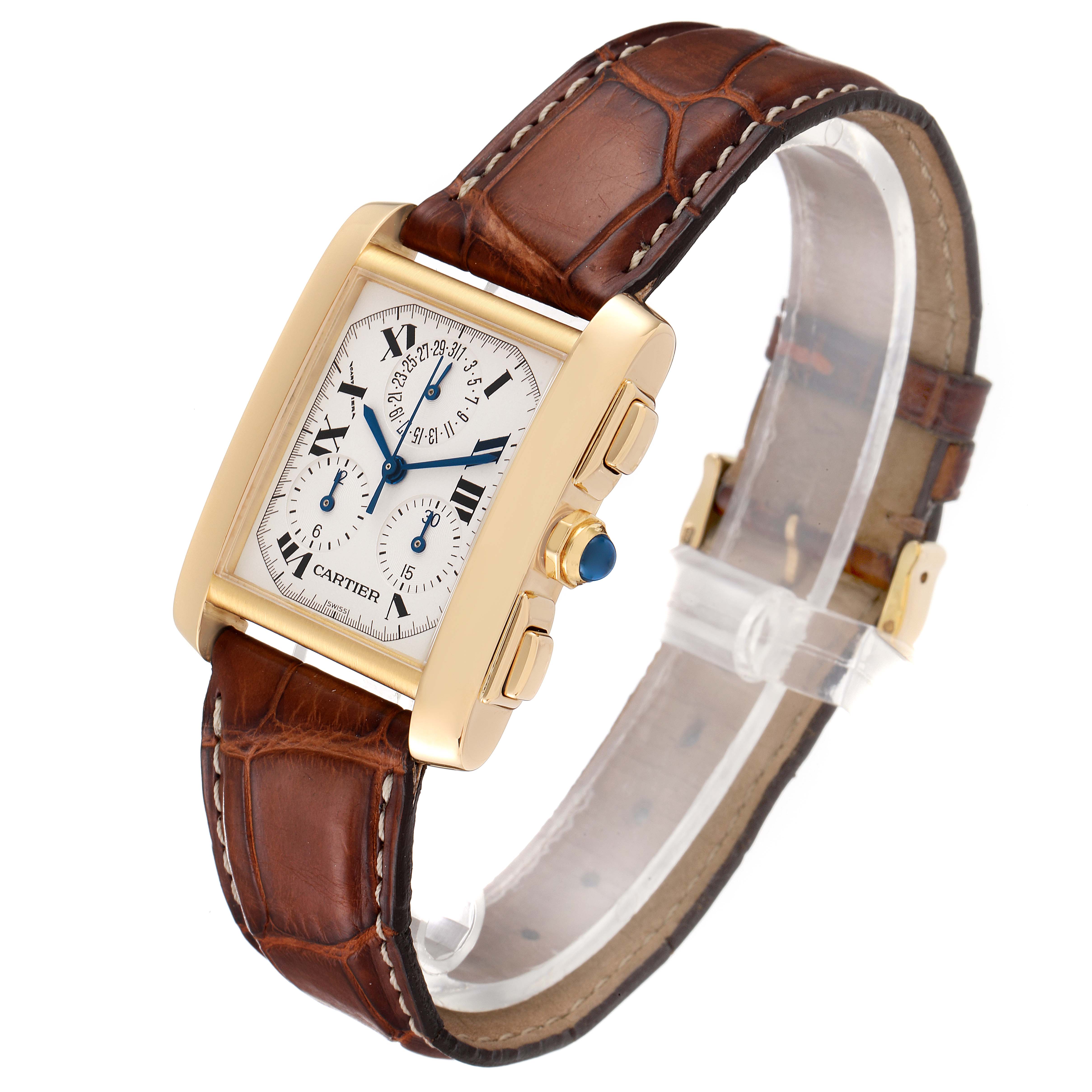 This image shows a Cartier Tank Francaise W5000556 Men's Yellow Gold Silver Dial W5000556 Men's Yellow Gold Silver Dial watch at an angled side view, highlighting the strap, crown, and face.