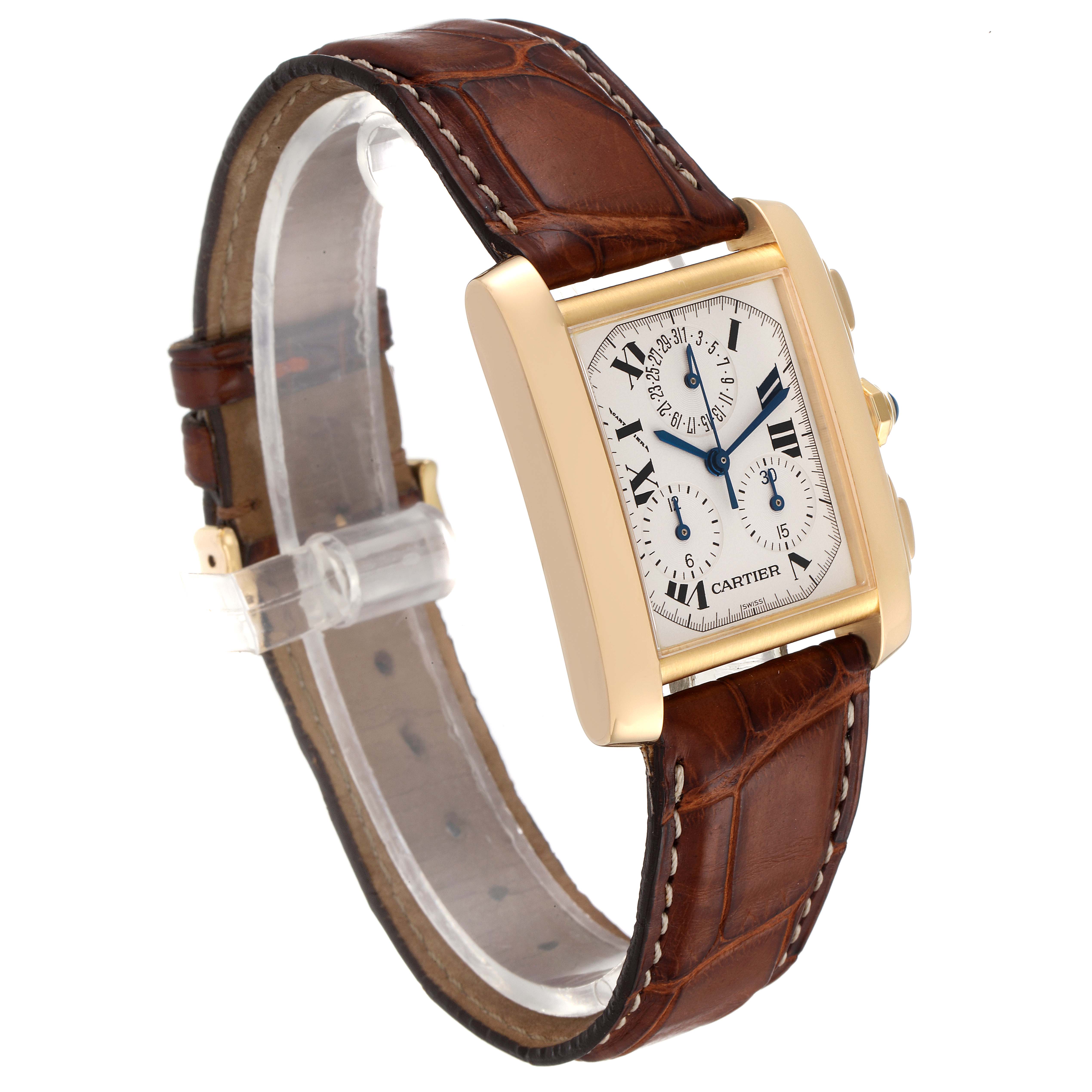 The Cartier Tank Francaise W5000556 Men's Yellow Gold Silver Dial W5000556 Men's Yellow Gold Silver Dial watch is shown at a three-quarter angle, highlighting the face, casing, and brown leather strap.