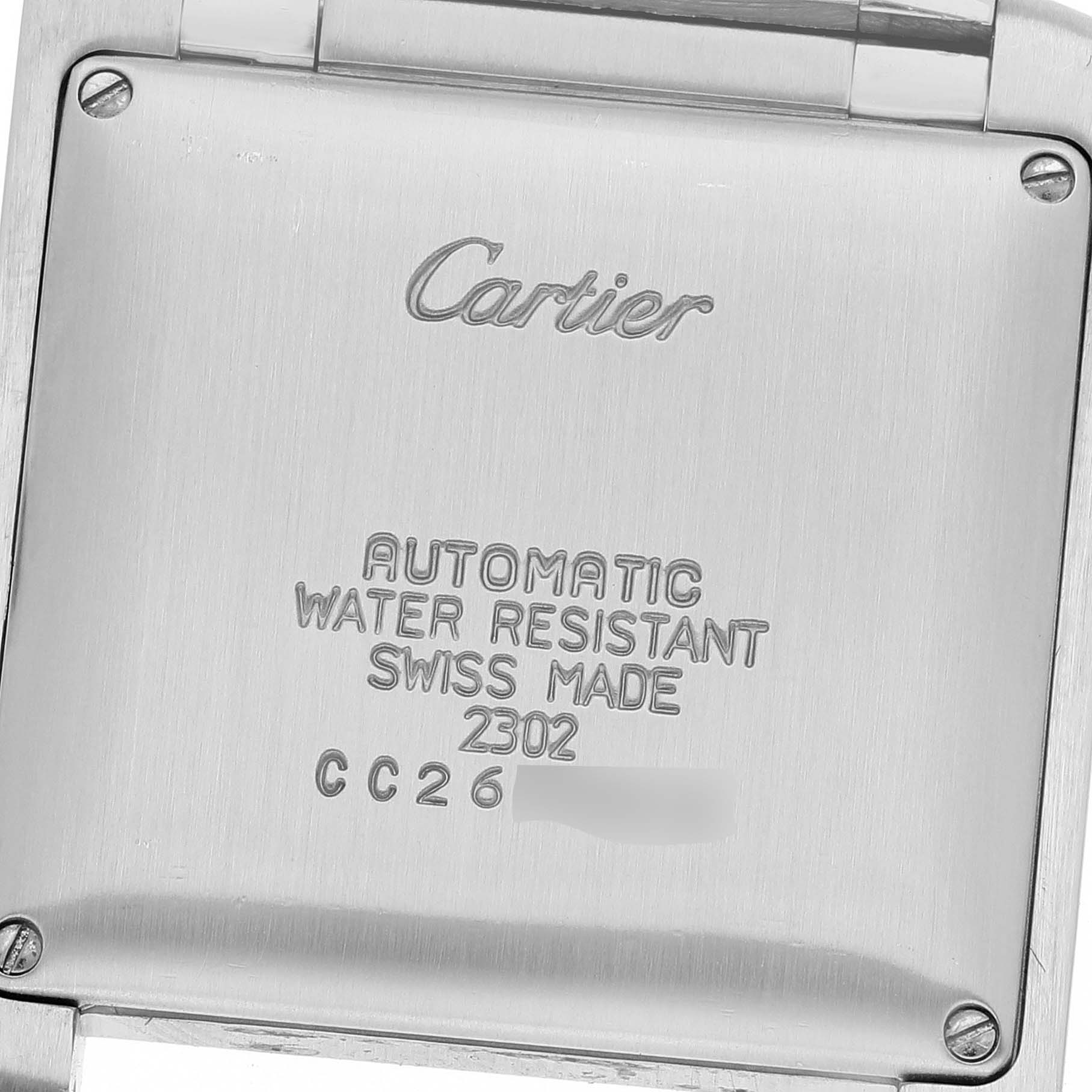 The image shows the back case of a Cartier Tank Française watch, highlighting the engraved details.