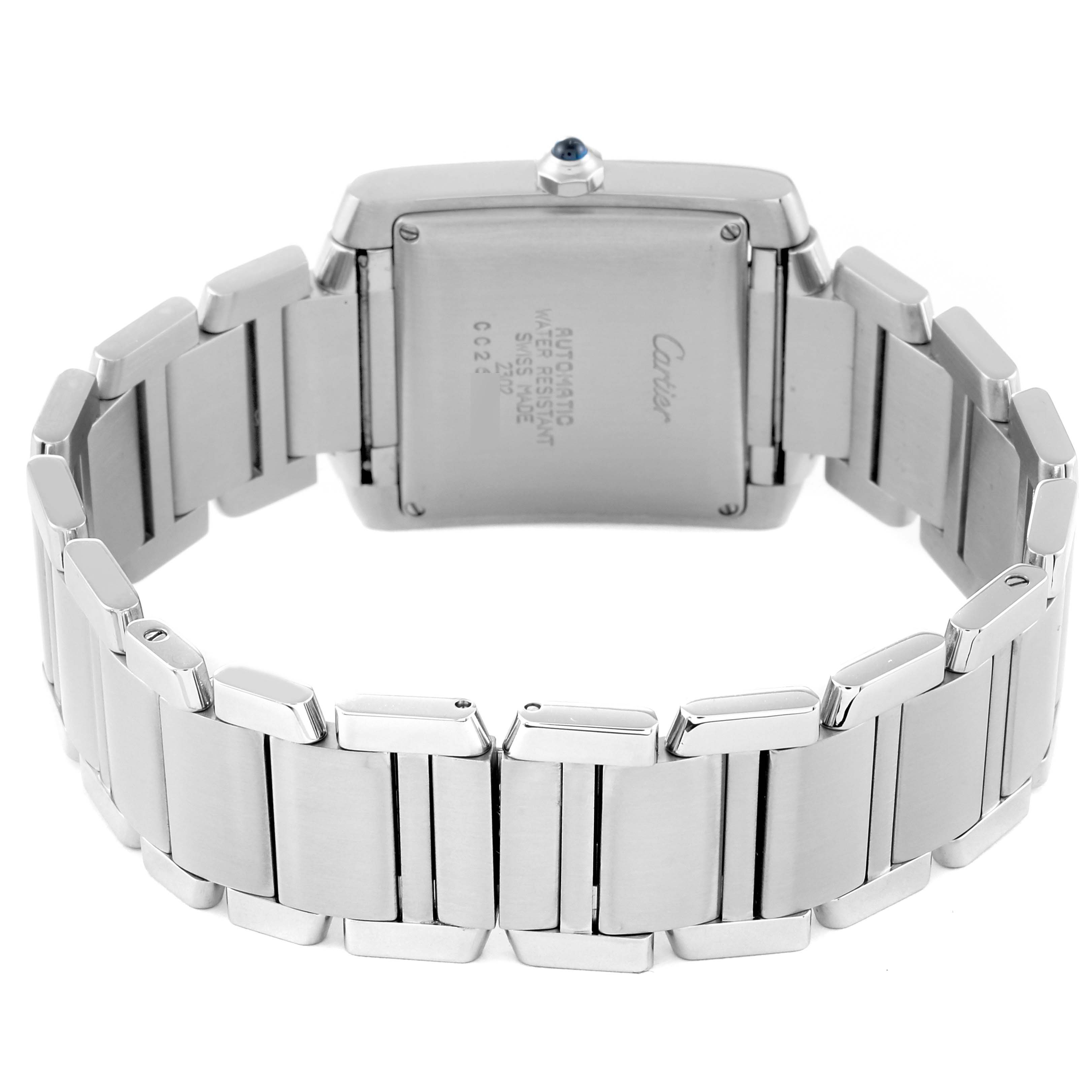 The image shows the back view of the Cartier Tank Francaise W51002Q3 Men
s Stainless Steel Silver Dial W51002Q3 Men
s Stainless Steel Silver Dial watch, highlighting its stainless steel bracelet and case back.