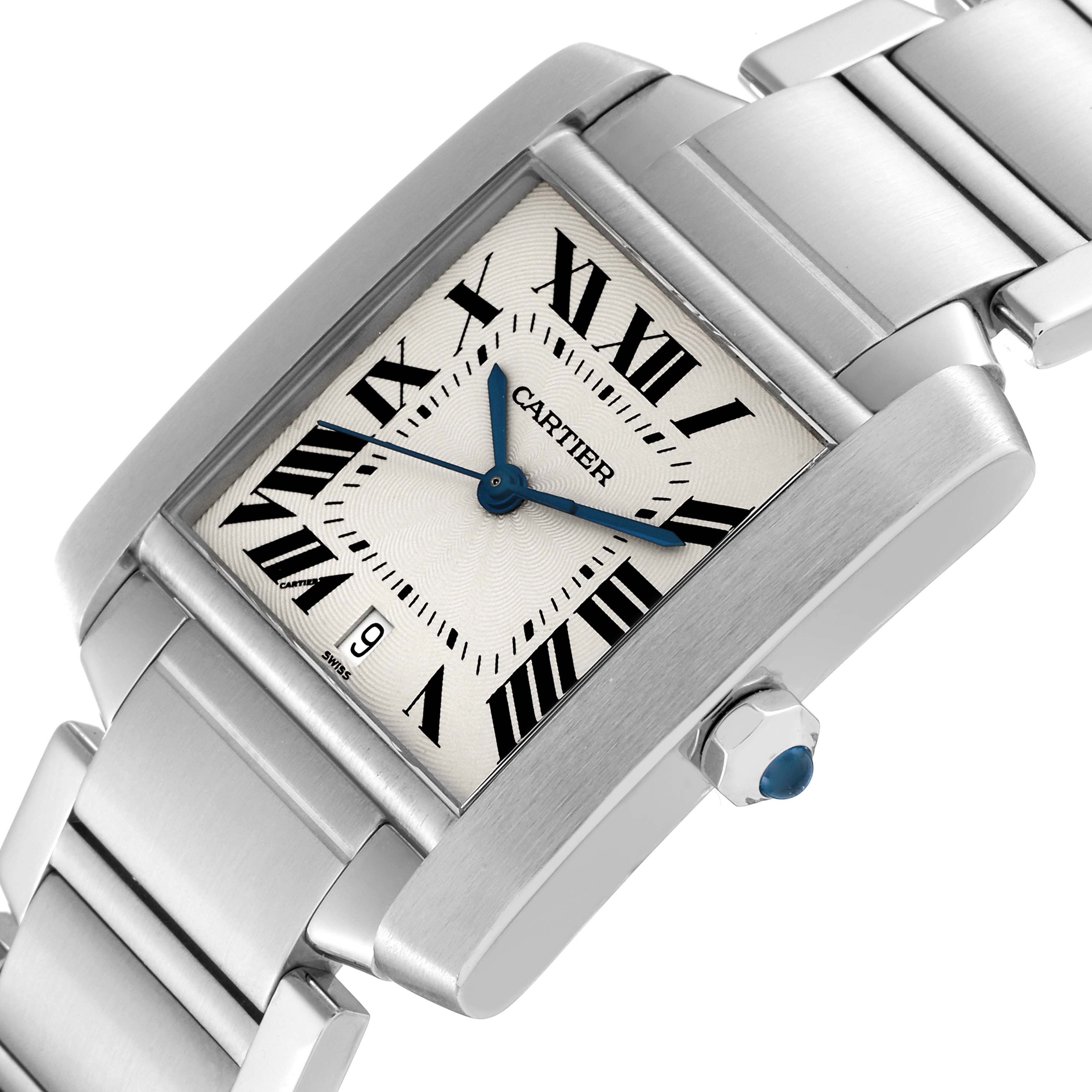 The Cartier Tank Française watch is shown from a slight angle, highlighting its face, bracelet, and crown with a blue cabochon.