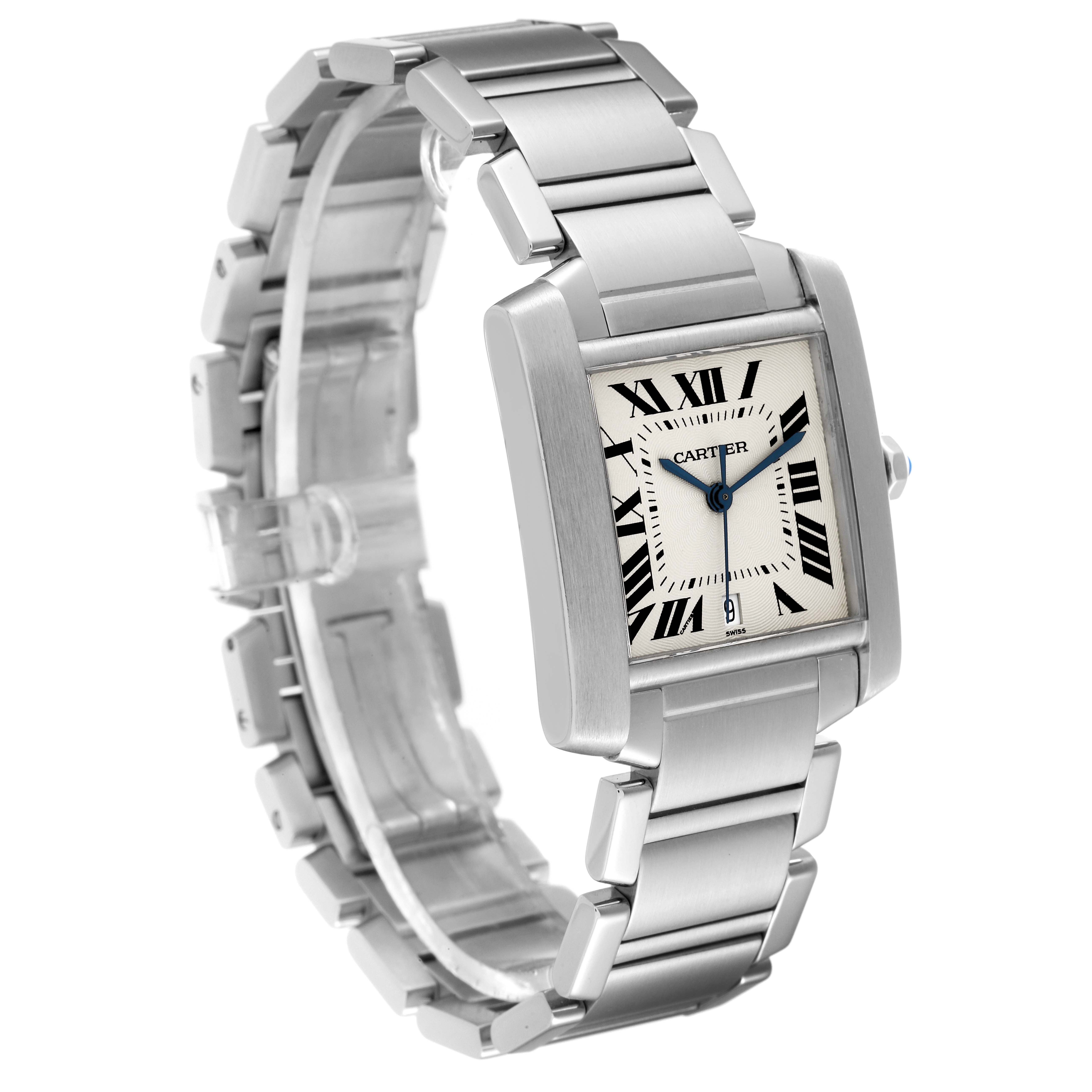 This image shows the Cartier Tank Francaise W51002Q3 Men
s Stainless Steel Silver Dial W51002Q3 Men
s Stainless Steel Silver Dial watch at an angled side view, highlighting the bracelet and face details.