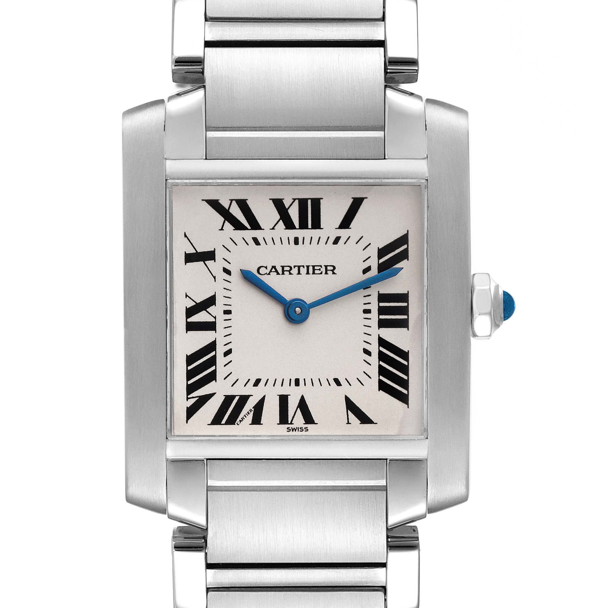 This image shows a front view of a Cartier Tank Francaise WSTA0005 Women
s Stainless Steel Silver Dial WSTA0005 Women
s Stainless Steel Silver Dial watch, highlighting its rectangular face, Roman numerals, and metal bracelet.