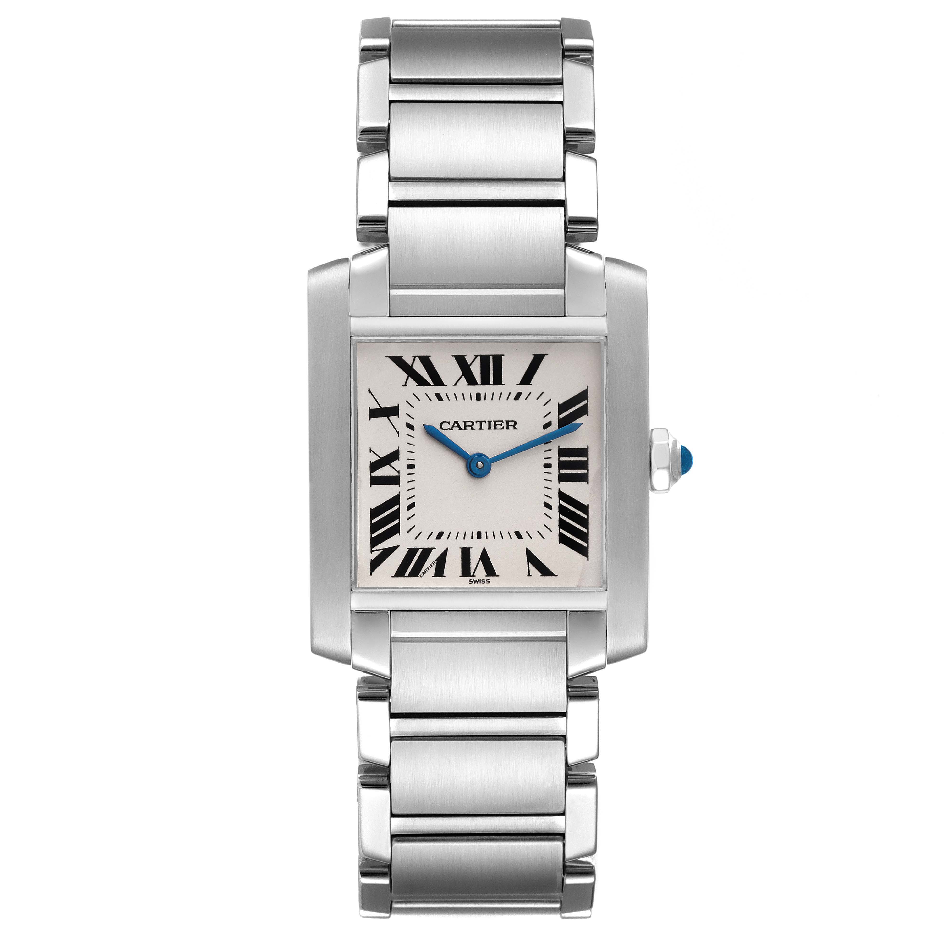 The image shows a front view of the Cartier Tank Francaise WSTA0005 Women
s Stainless Steel Silver Dial WSTA0005 Women
s Stainless Steel Silver Dial watch, featuring its face and stainless steel bracelet.