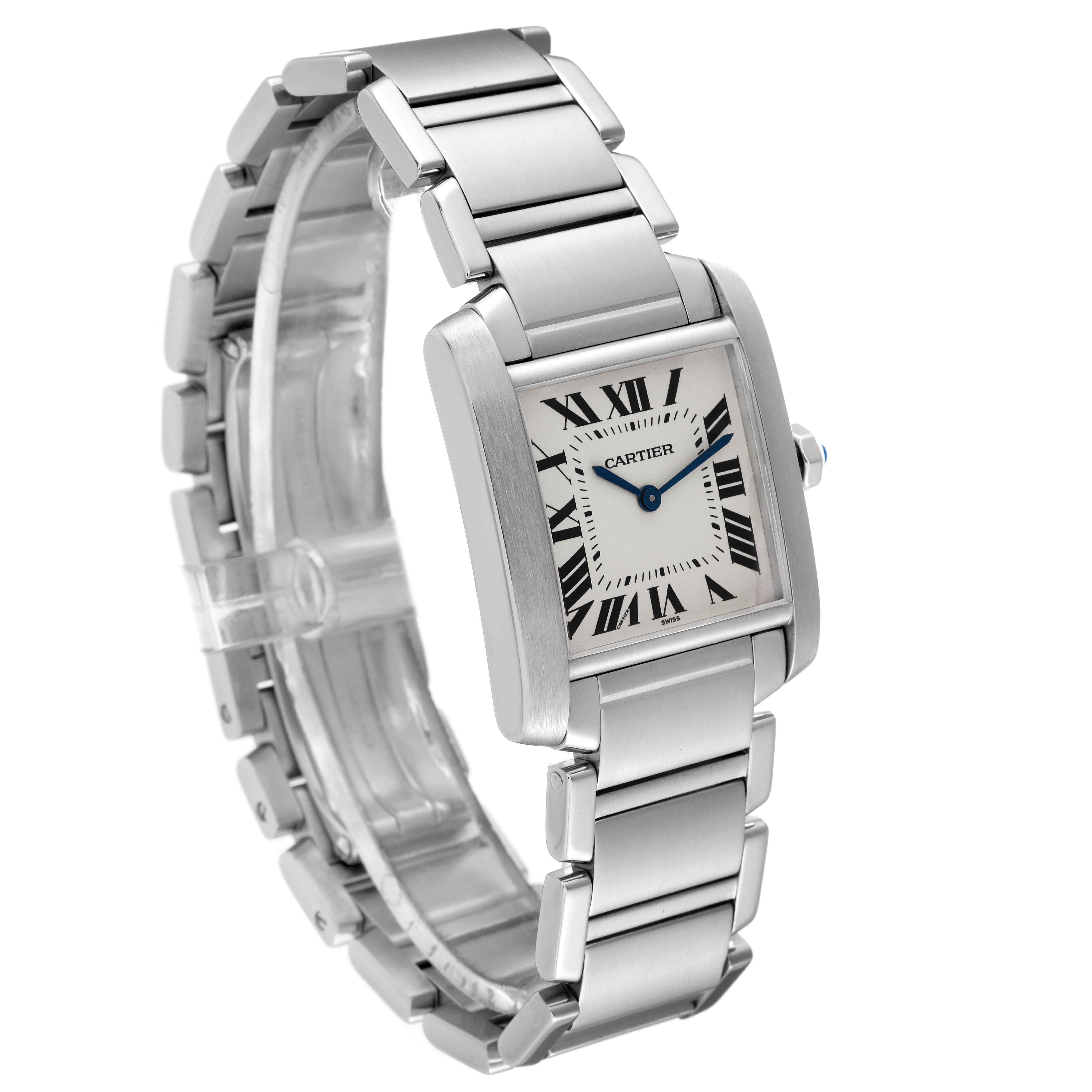 The Cartier Tank Francaise WSTA0005 Women
s Stainless Steel Silver Dial WSTA0005 Women
s Stainless Steel Silver Dial watch is shown at a three-quarter angle, highlighting its rectangular face, Roman numerals, and metal bracelet.