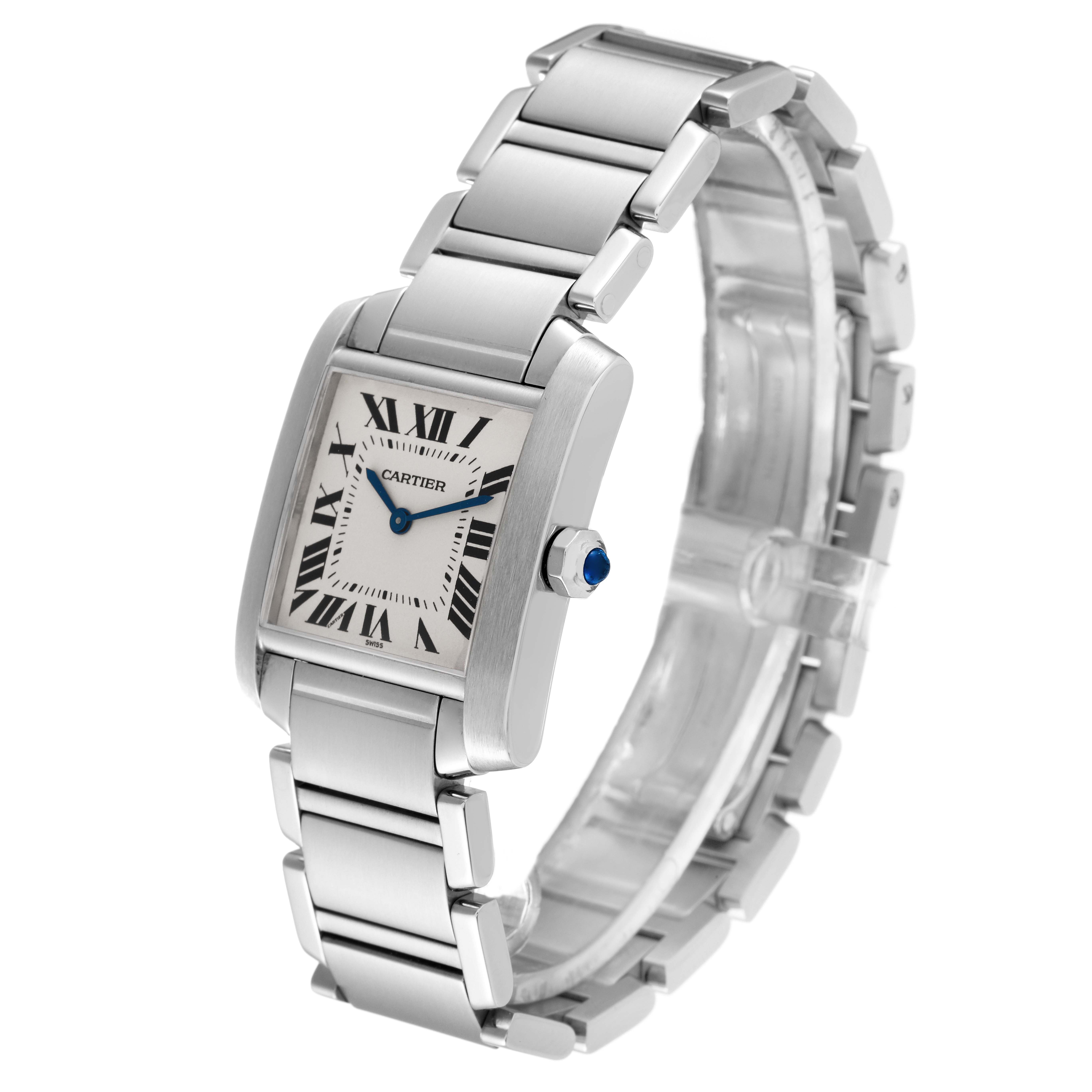 The image shows a Cartier Tank Française watch from a three-quarter angle, highlighting its bracelet, rectangular face, and crown.