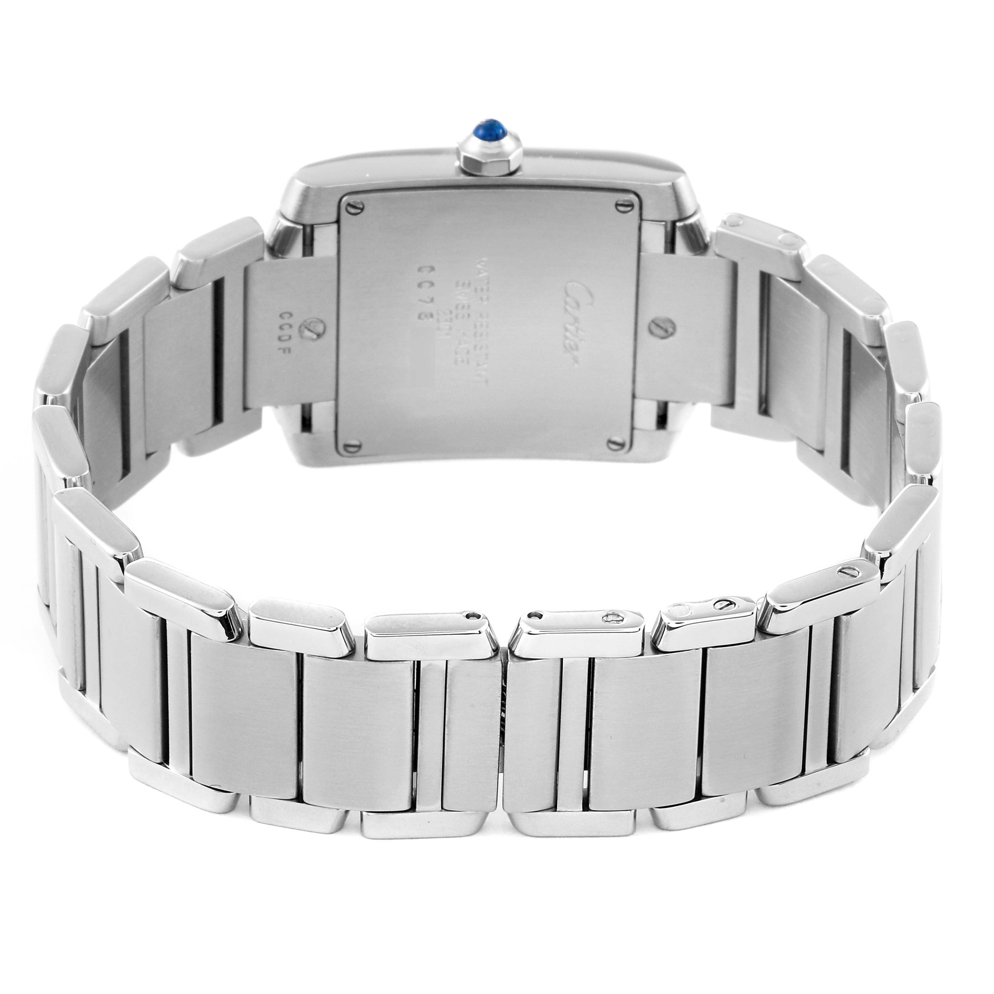 This image shows the back and bracelet of a Cartier Tank Française watch.