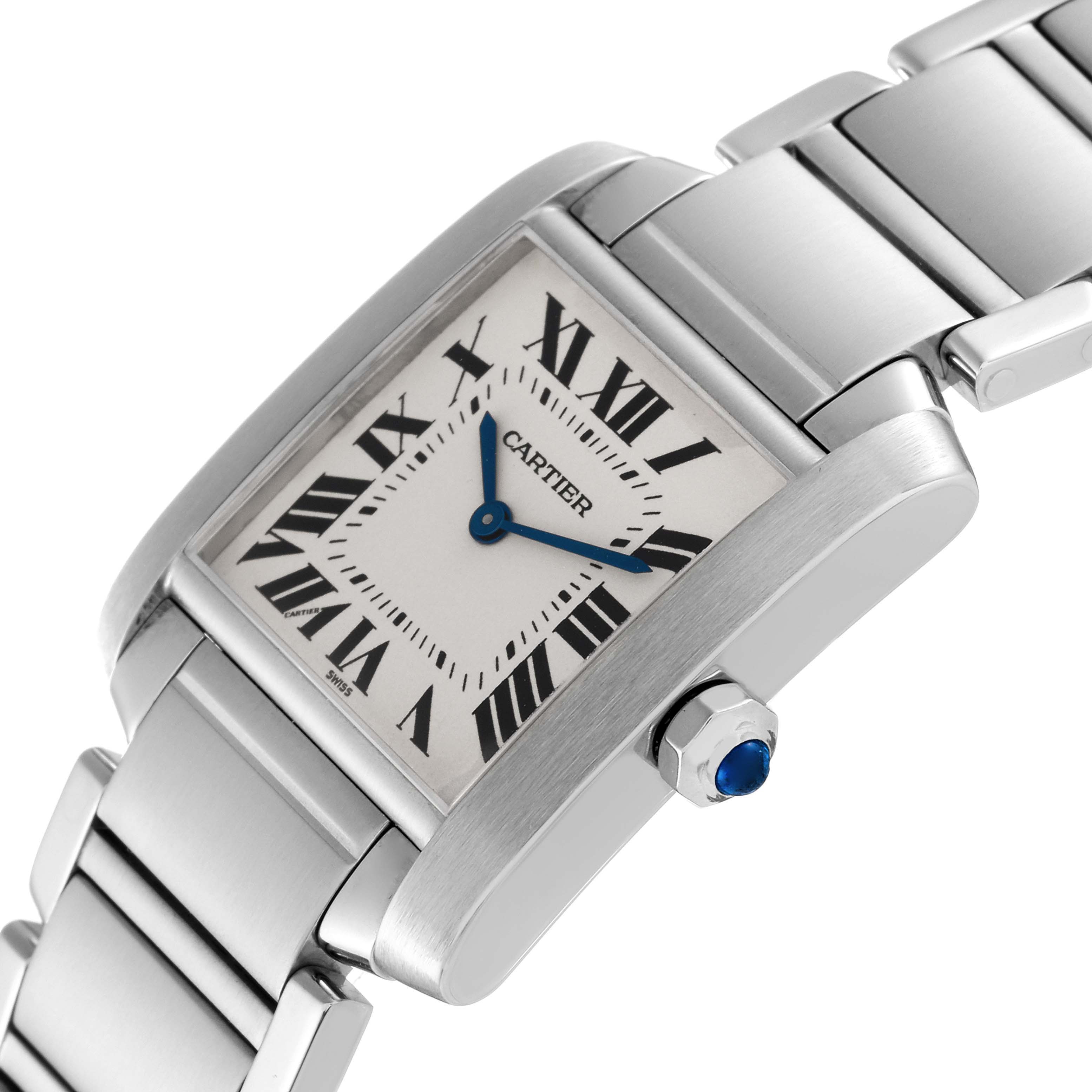This is a close-up angle of the Cartier Tank Française watch, showing the face, crown, and part of the metal bracelet.
