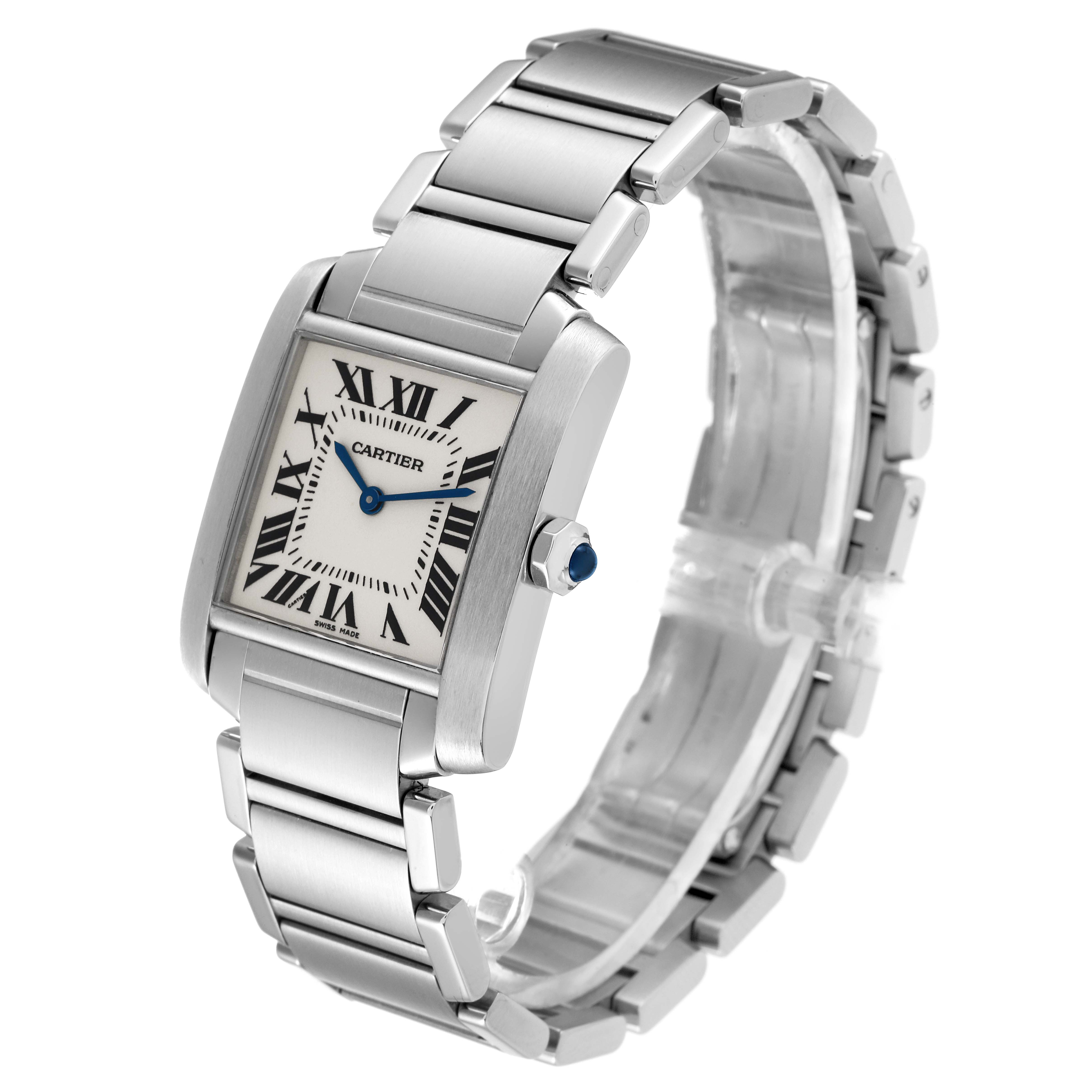 The Cartier Tank Francaise WSTA0005 Women's Stainless Steel Silver Dial WSTA0005 Women's Stainless Steel Silver Dial watch is shown at a three-quarter angle, highlighting its rectangular face and metal bracelet.