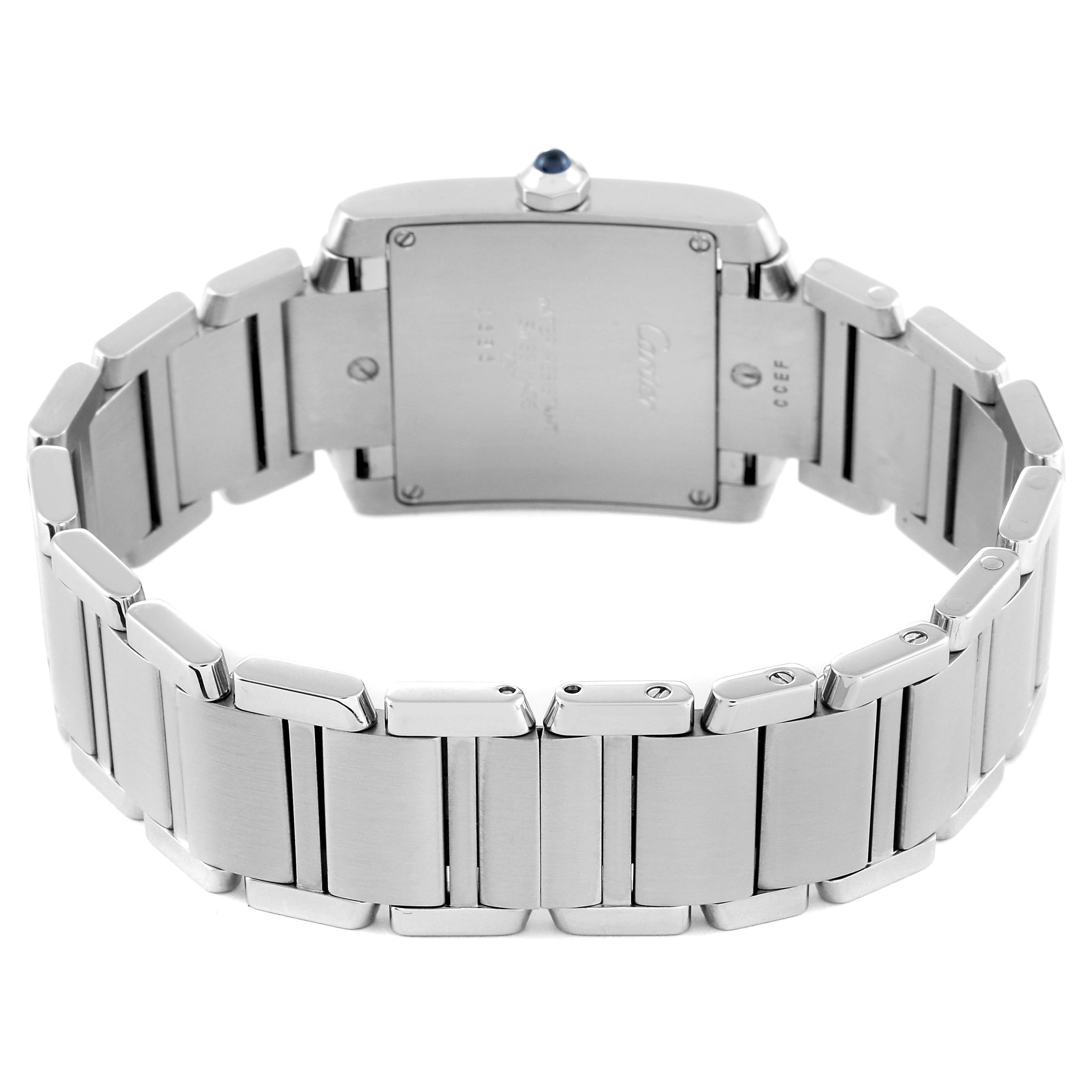 This image shows the back view of a Cartier Tank Française watch, highlighting its stainless steel bracelet and case back.
